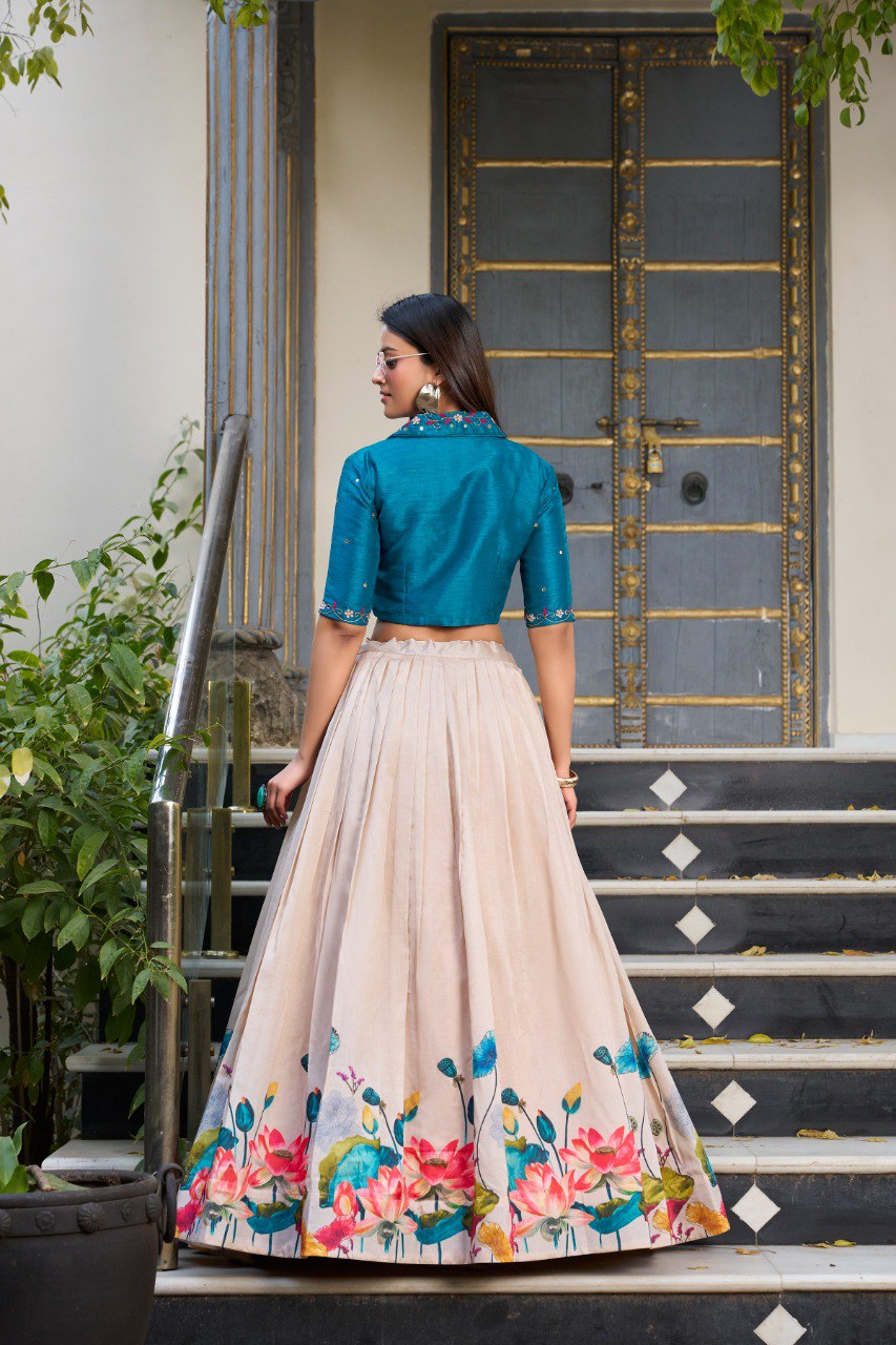 Cream Silk Floral Printed Festival Wear Crop Top Lehenga