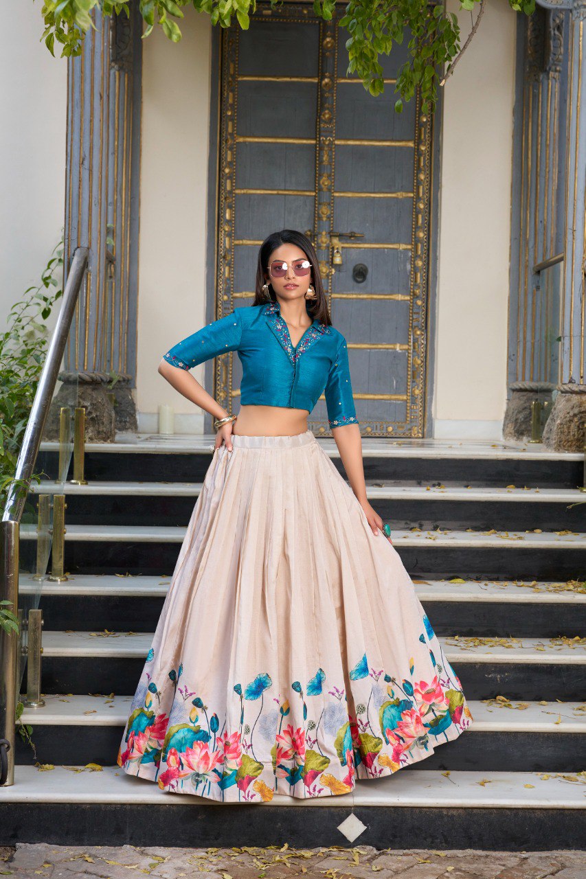 Cream Silk Floral Printed Festival Wear Crop Top Lehenga