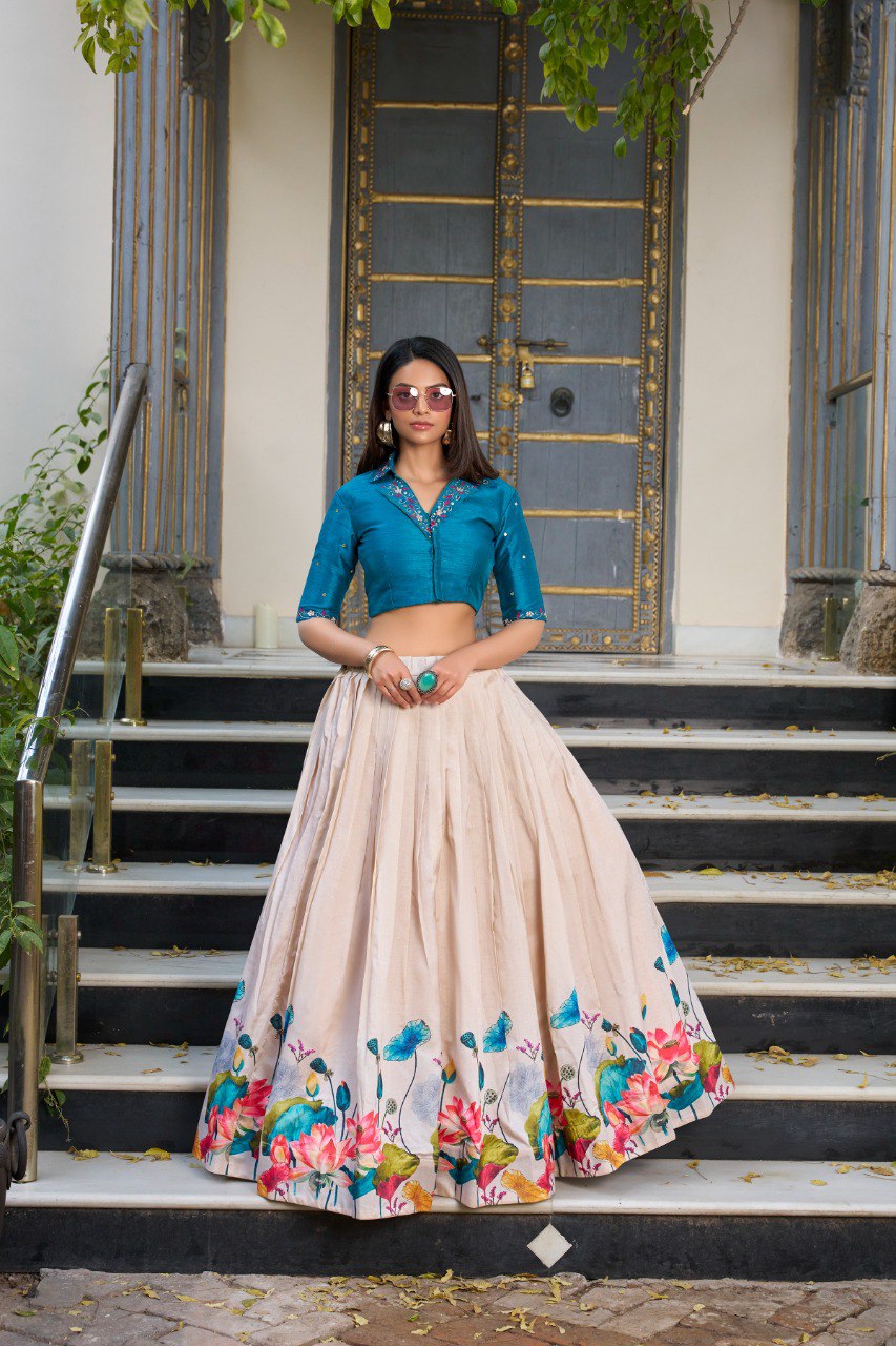 Cream Silk Floral Printed Festival Wear Crop Top Lehenga