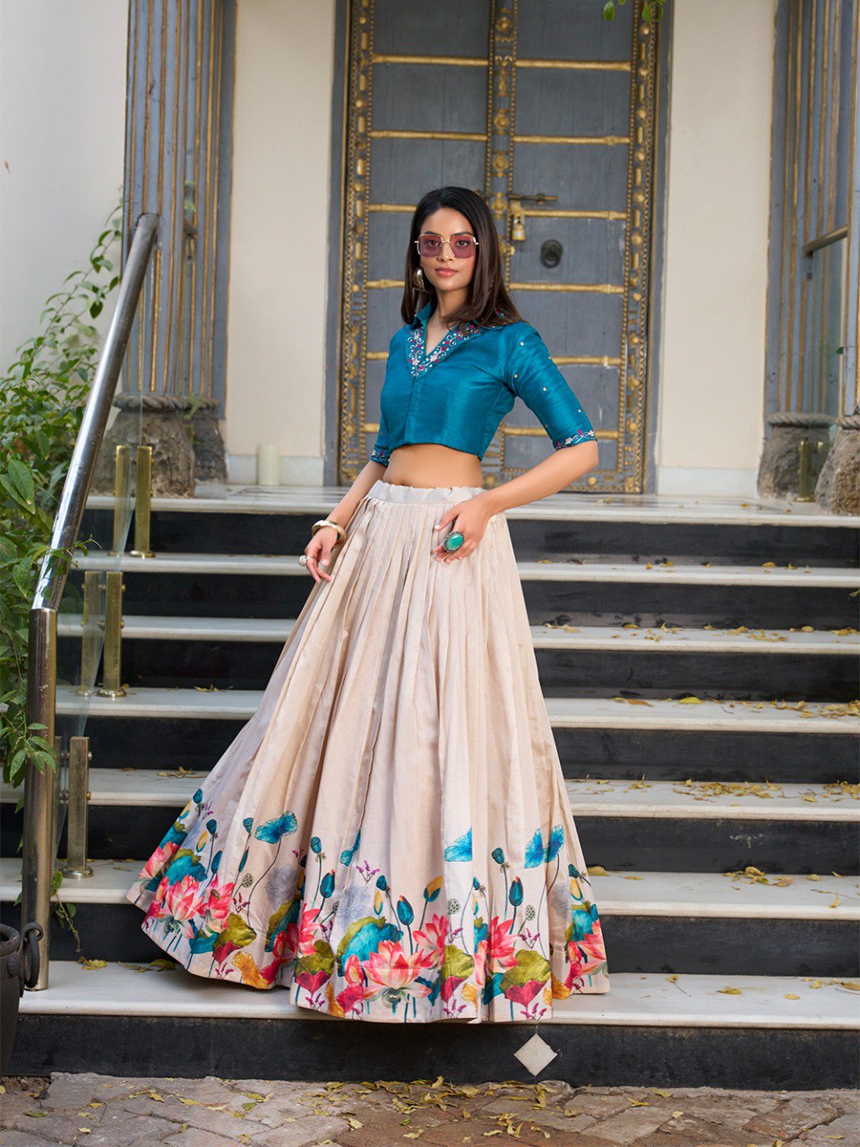 Cream Silk Floral Printed Festival Wear Crop Top Lehenga