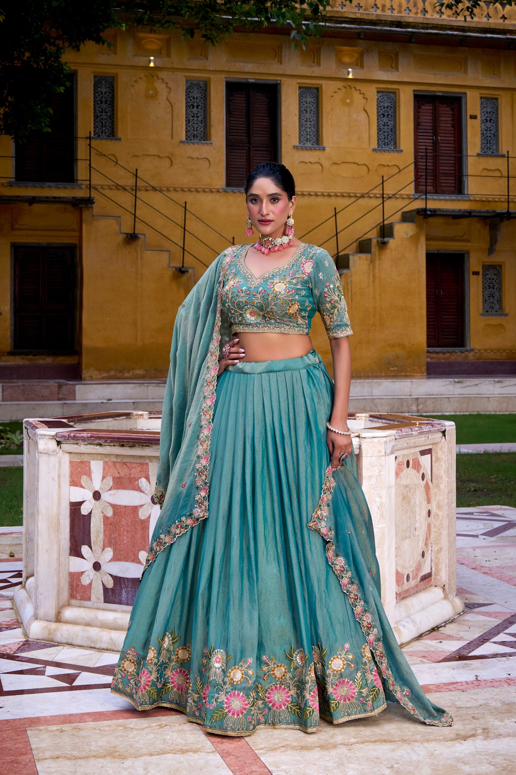 Sky Blue Organza Zari Weaving Engagement Lehenga Choli for Women