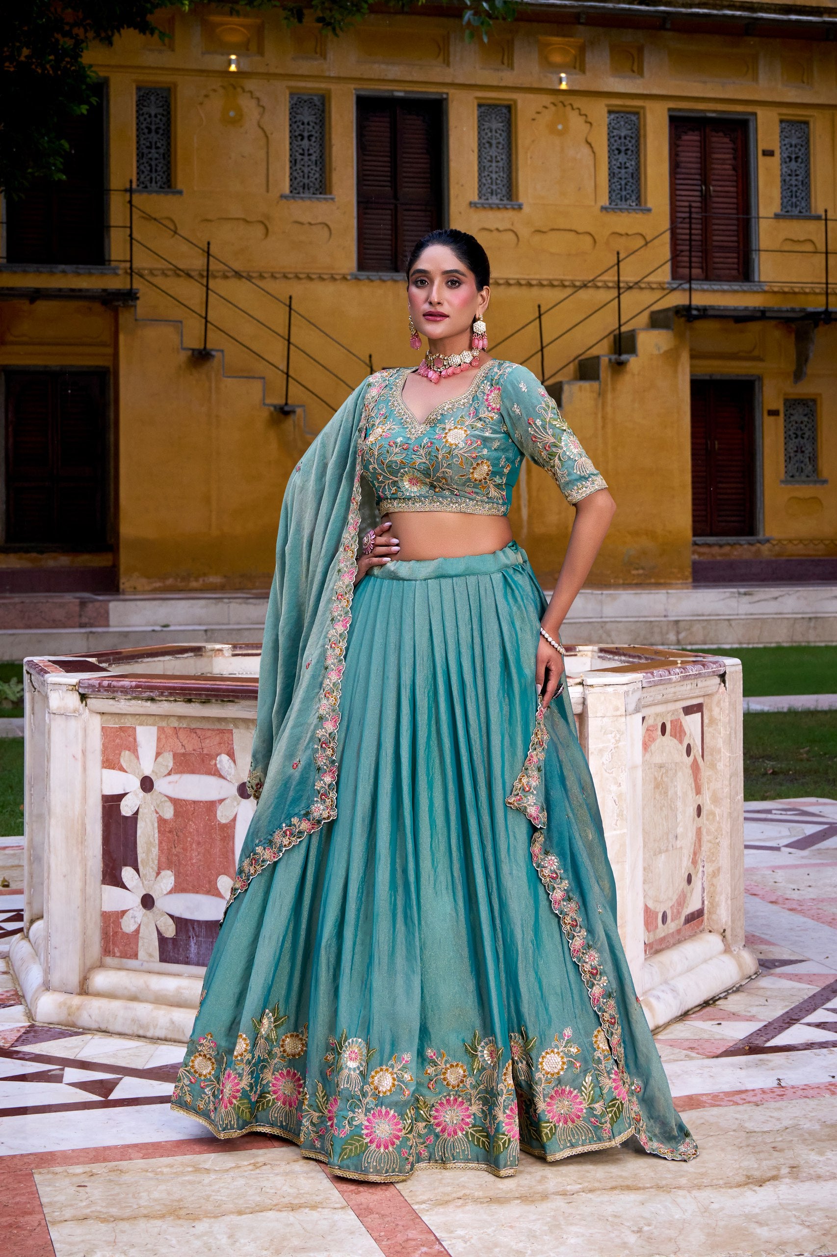 Sky Blue Organza Zari Weaving Engagement Lehenga Choli for Women