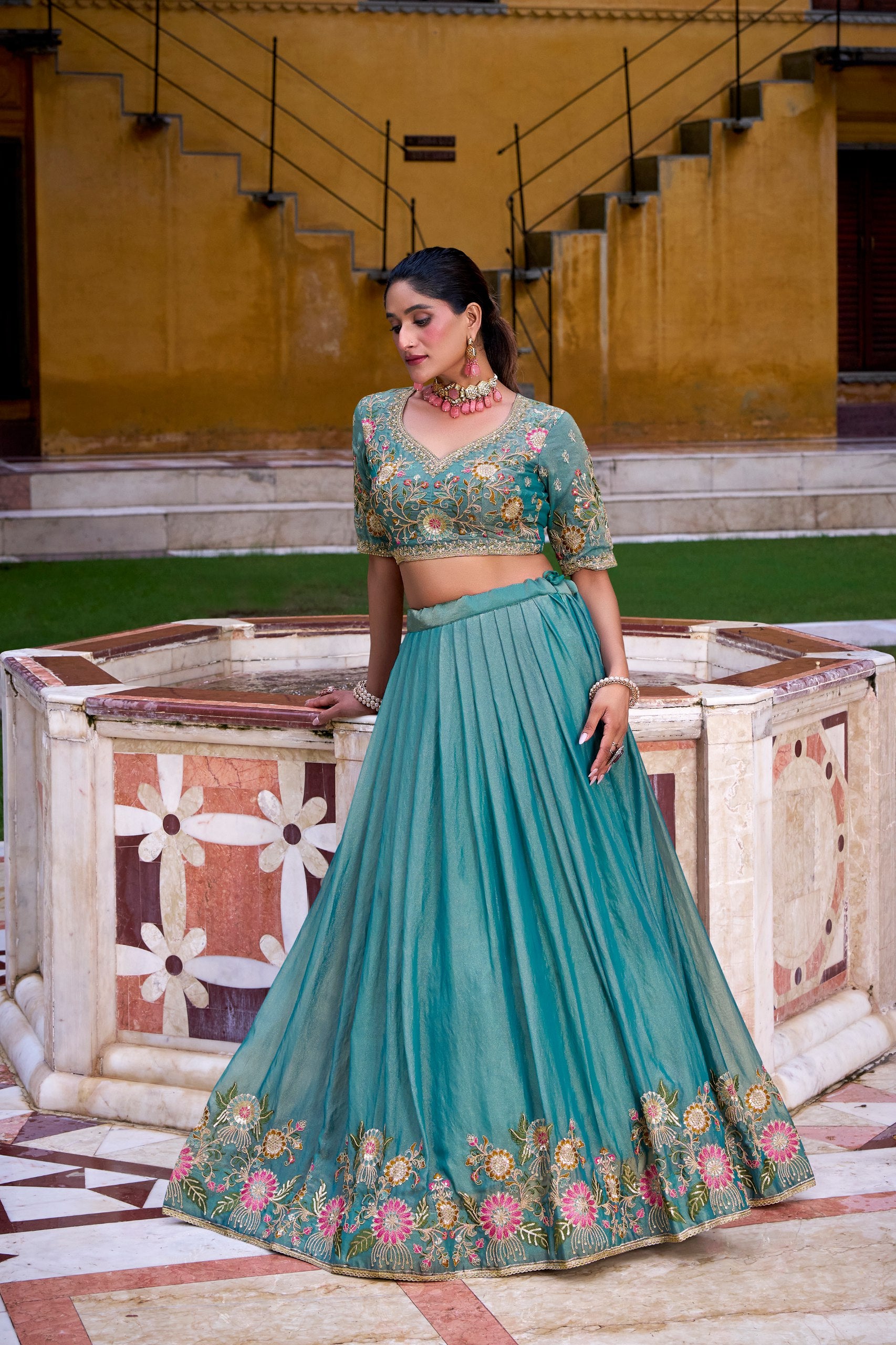 Sky Blue Organza Zari Weaving Engagement Lehenga Choli for Women