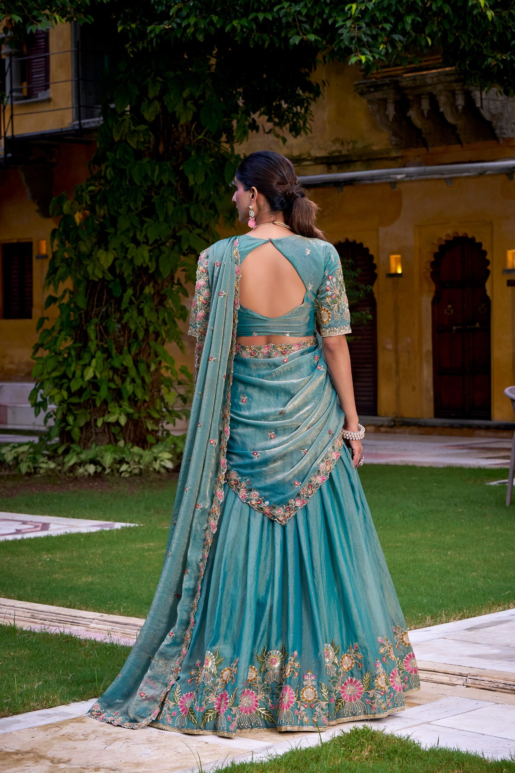 Sky Blue Organza Zari Weaving Engagement Lehenga Choli for Women
