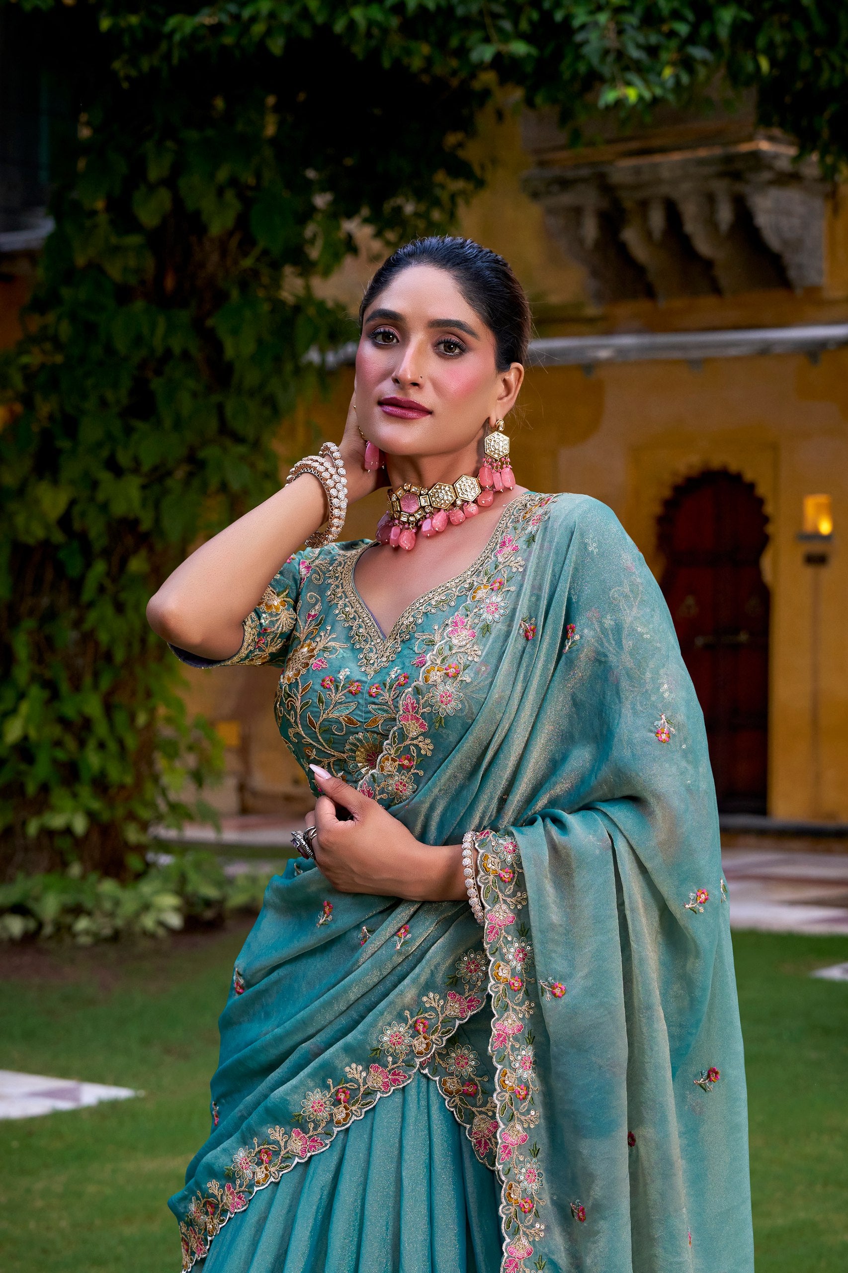 Sky Blue Organza Zari Weaving Engagement Lehenga Choli for Women
