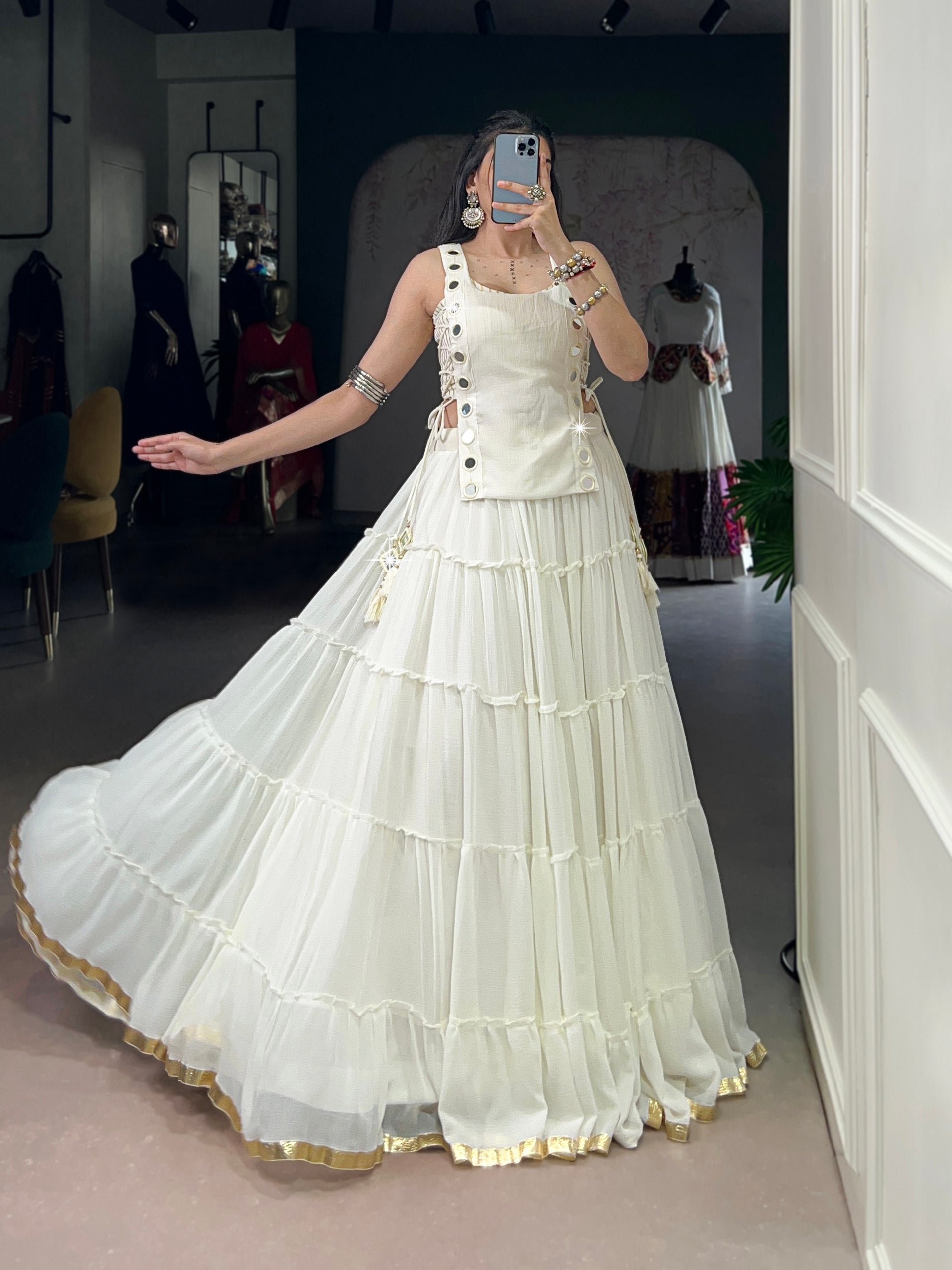 White Chiffon Mirror Work Festival Wear Crop Top Lehenga