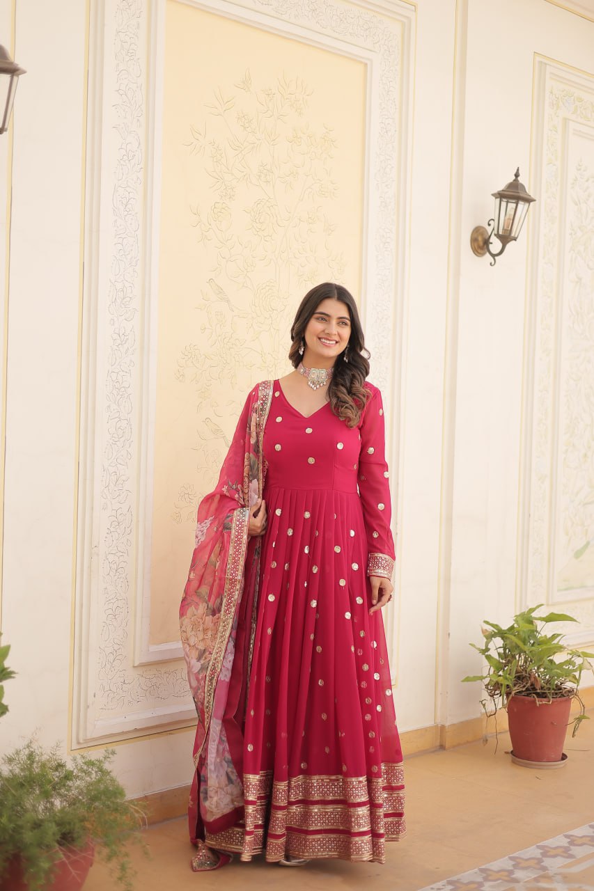 Rani Pink Georgette Embroidered Party Wear Gown for Women