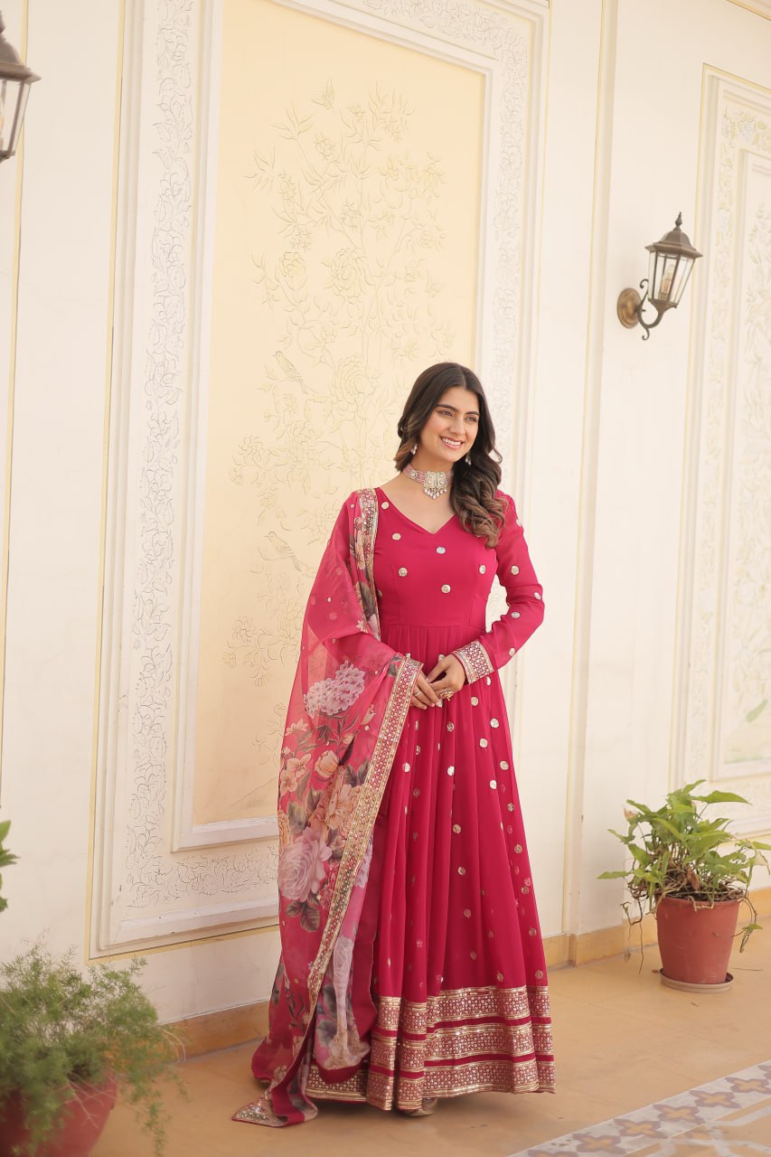 Rani Pink Georgette Embroidered Party Wear Gown for Women