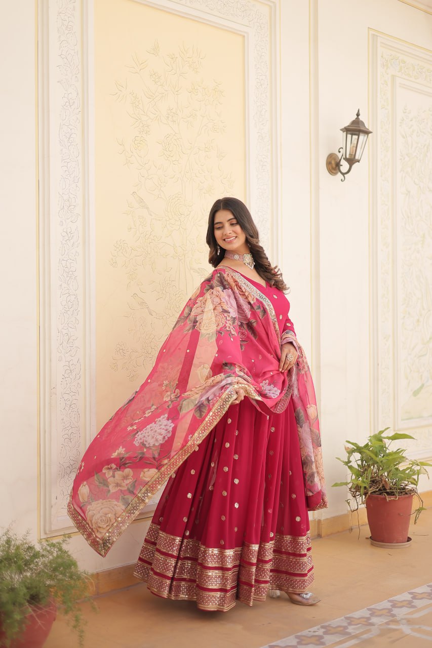 Rani Pink Georgette Embroidered Party Wear Gown for Women