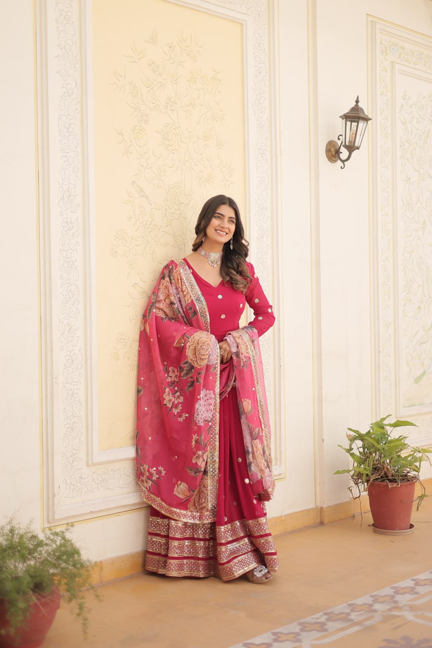 Rani Pink Georgette Embroidered Party Wear Gown for Women