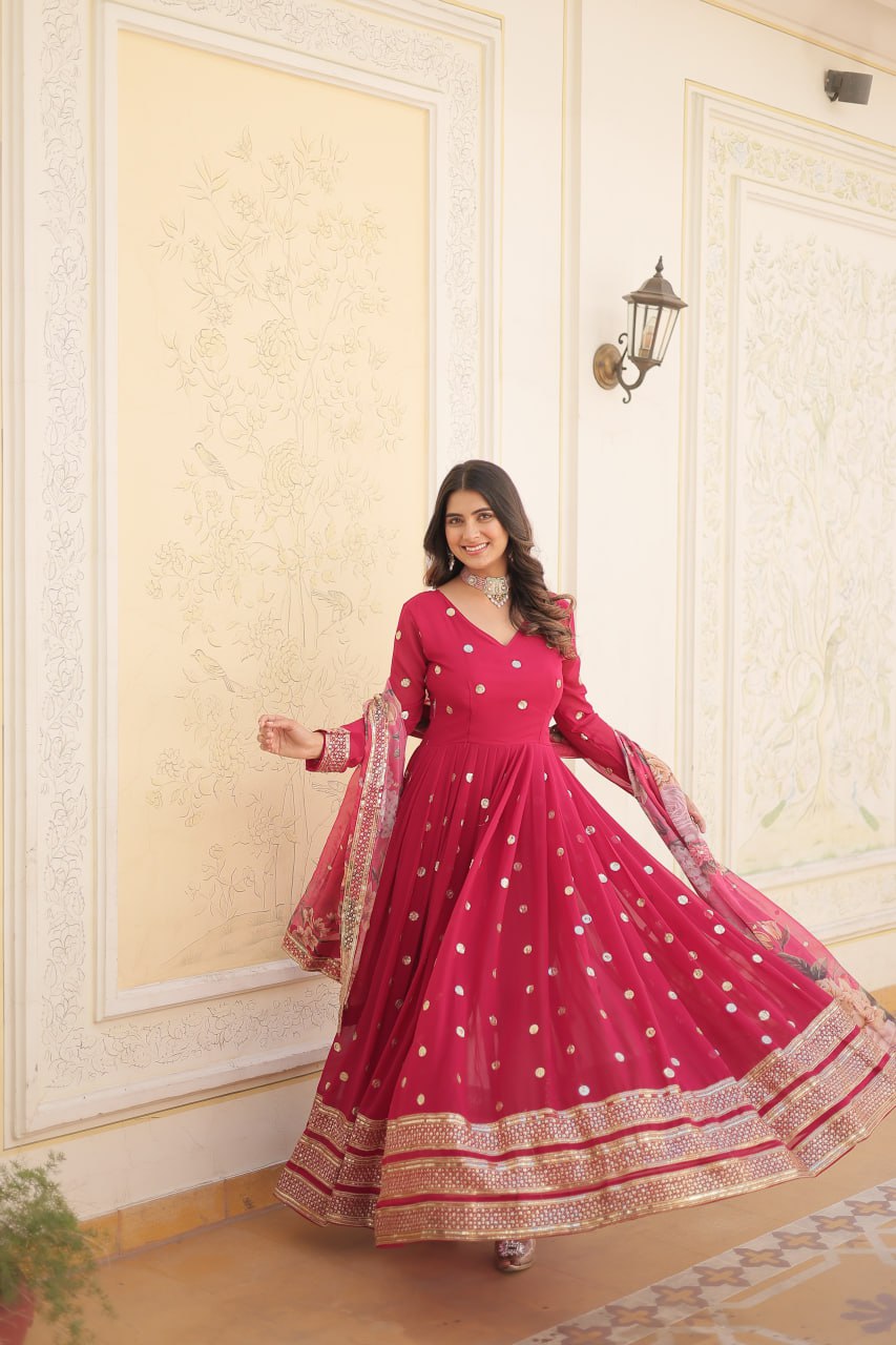 Rani Pink Georgette Embroidered Party Wear Gown for Women