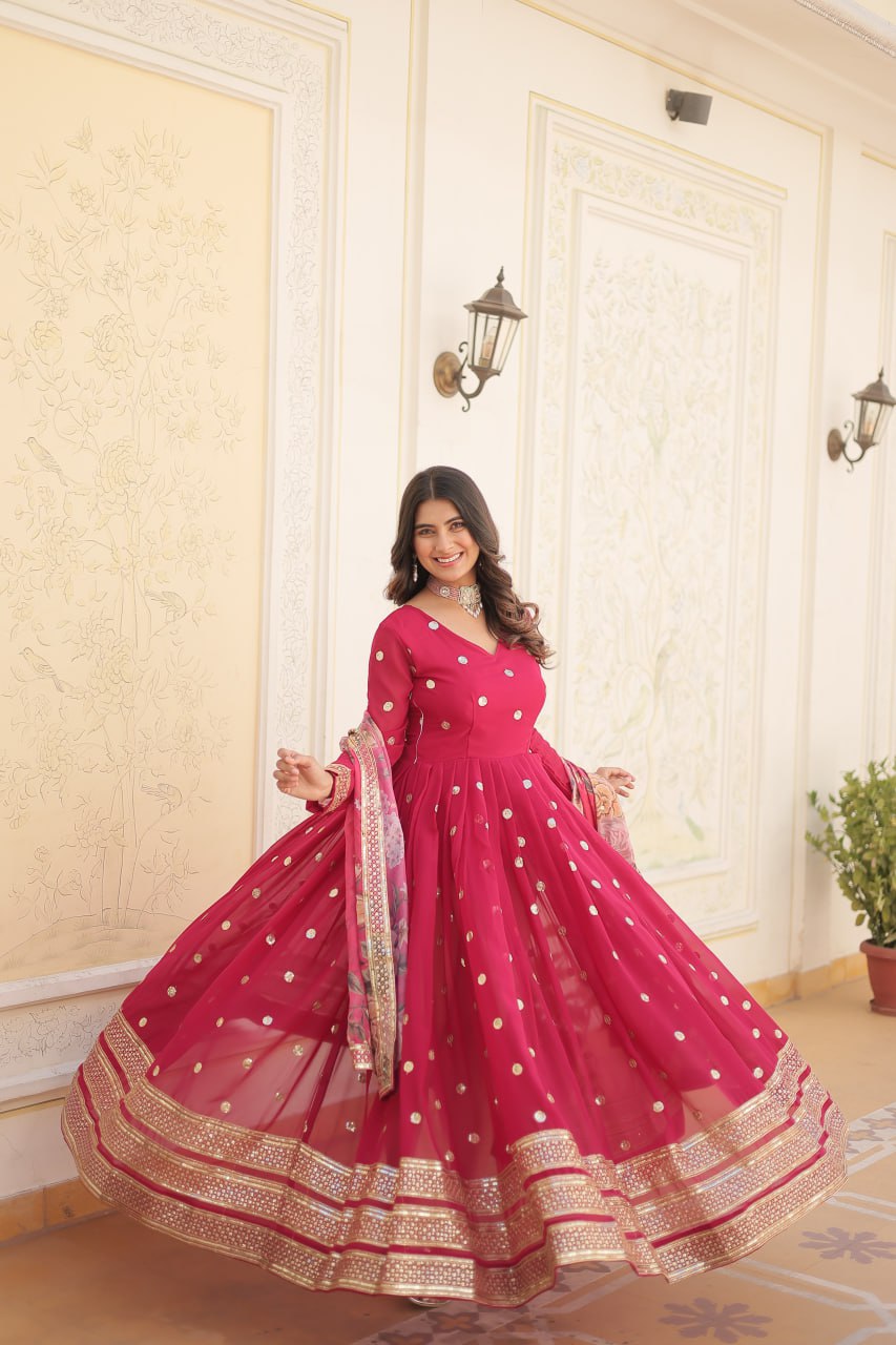 Rani Pink Georgette Embroidered Party Wear Gown for Women