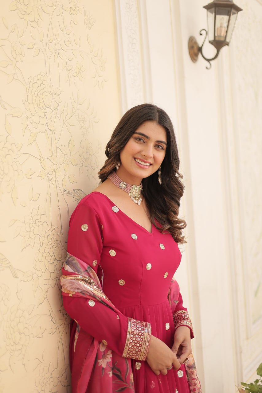 Rani Pink Georgette Embroidered Party Wear Gown for Women