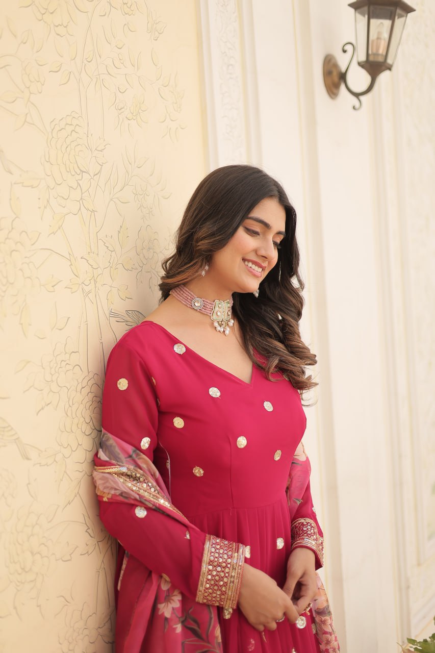 Rani Pink Georgette Embroidered Party Wear Gown for Women