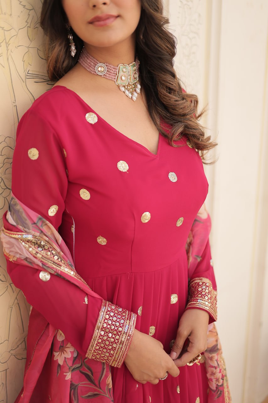 Rani Pink Georgette Embroidered Party Wear Gown for Women