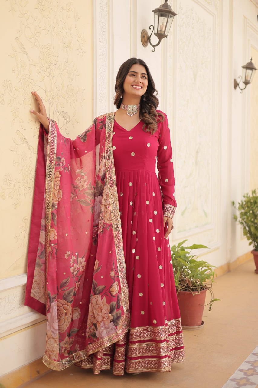 Rani Pink Georgette Embroidered Party Wear Gown for Women