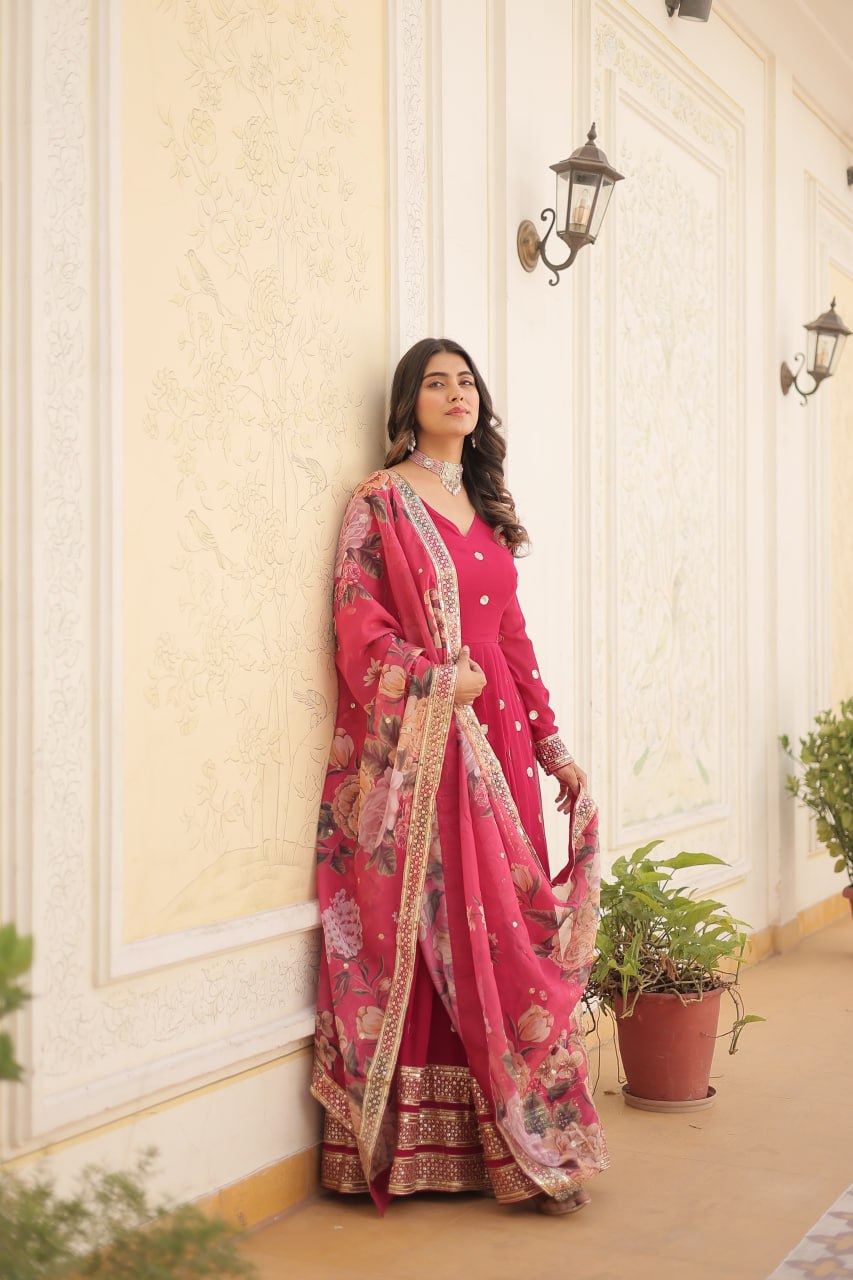 Rani Pink Georgette Embroidered Party Wear Gown for Women
