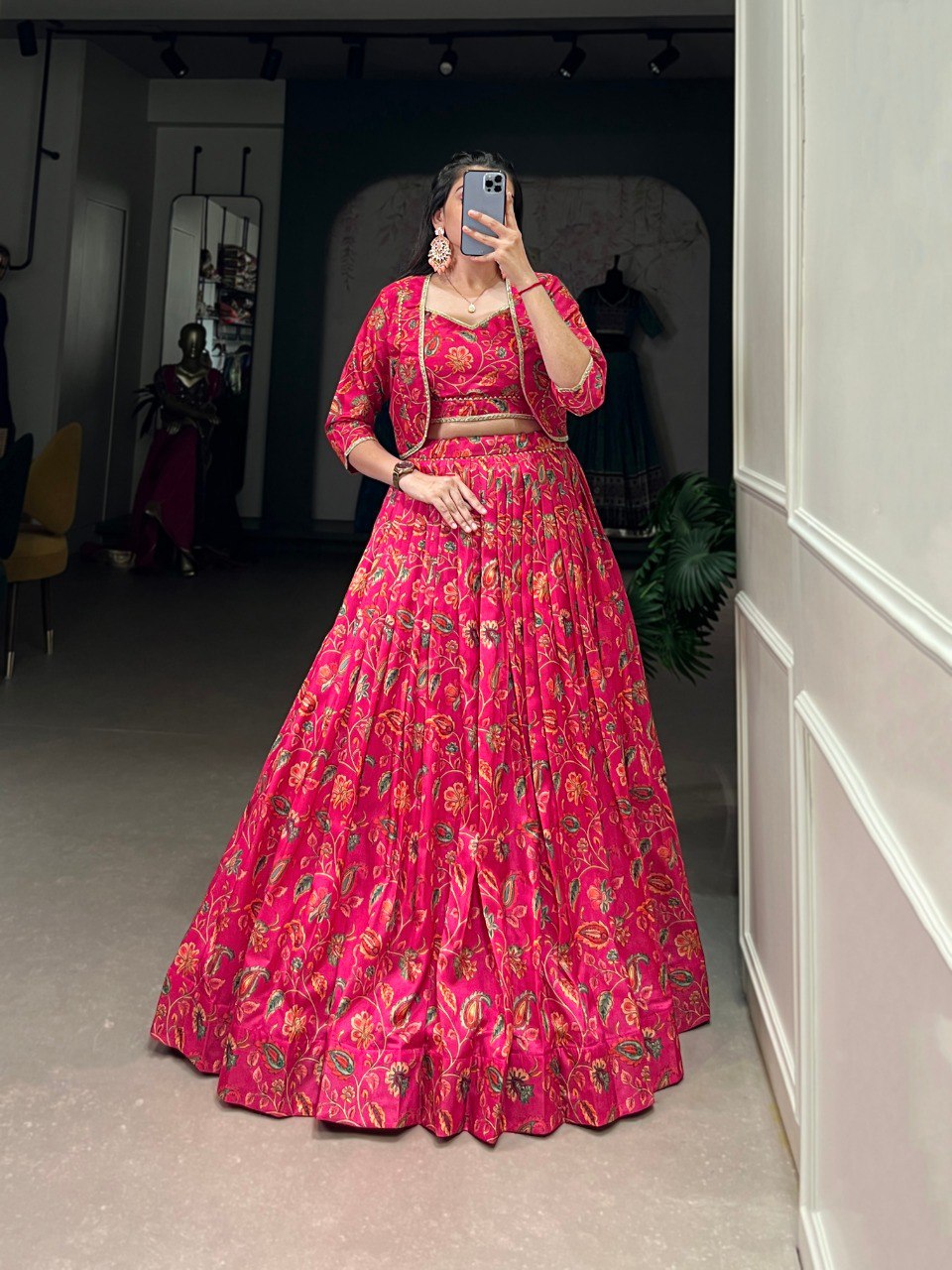 Hot Pink Tussar Silk Floral Crop Top Lehenga With Jacket