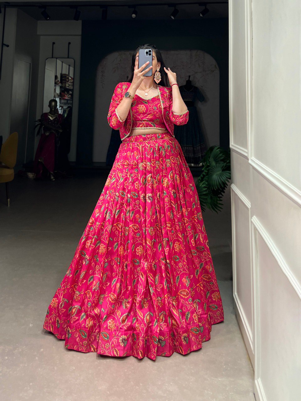 Hot Pink Tussar Silk Floral Crop Top Lehenga With Jacket
