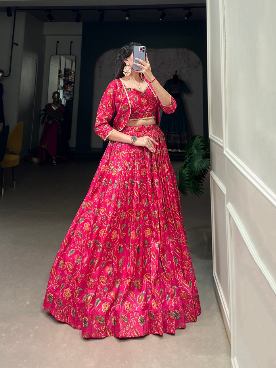 Hot Pink Tussar Silk Floral Crop Top Lehenga With Jacket