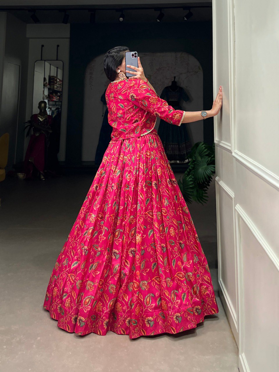 Hot Pink Tussar Silk Floral Crop Top Lehenga With Jacket