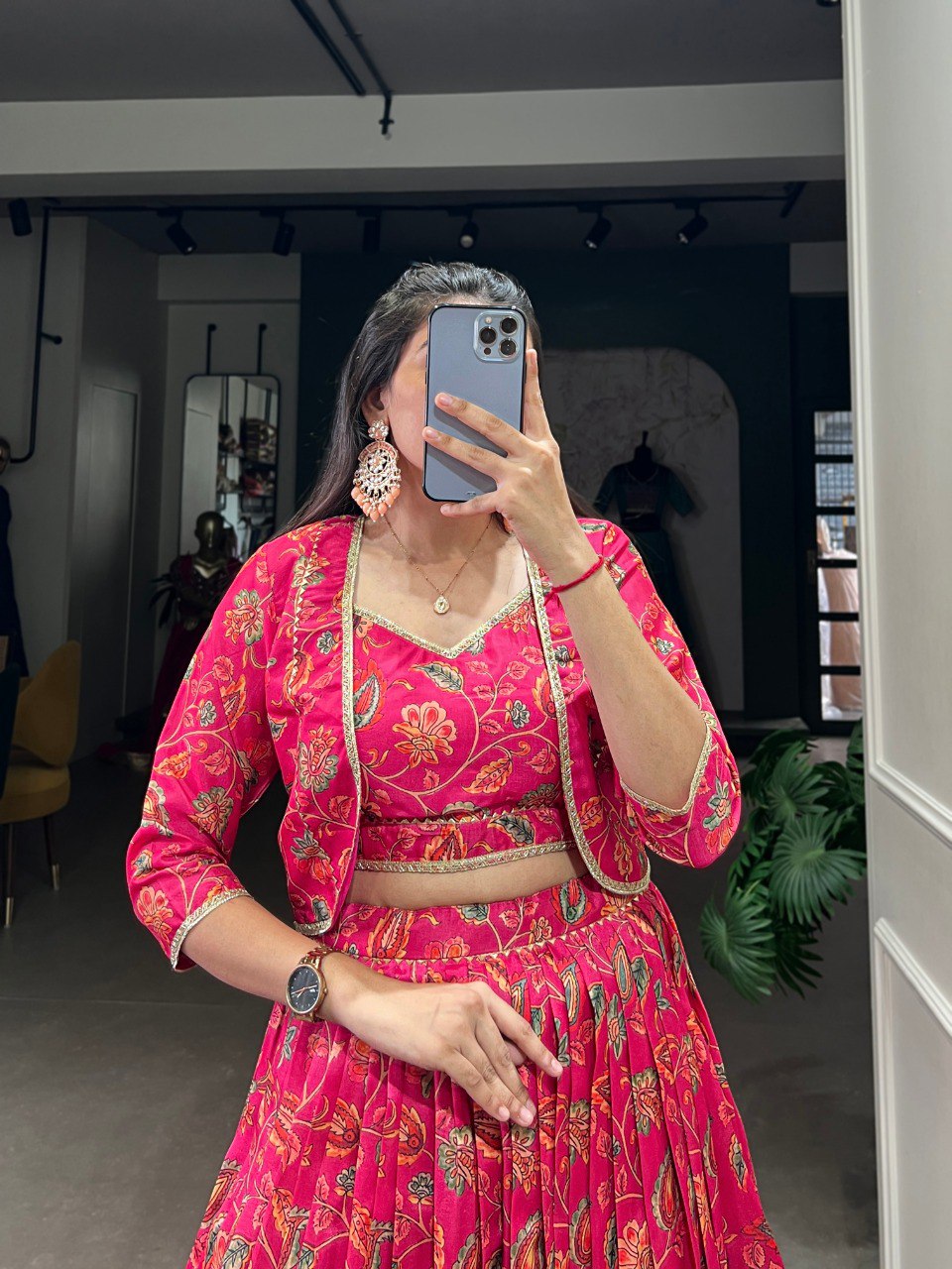 Hot Pink Tussar Silk Floral Crop Top Lehenga With Jacket