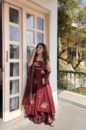 Women Fendi Satin Umbrella Gown with Sequence Embroidery Work Palazzo & Dupatta Set