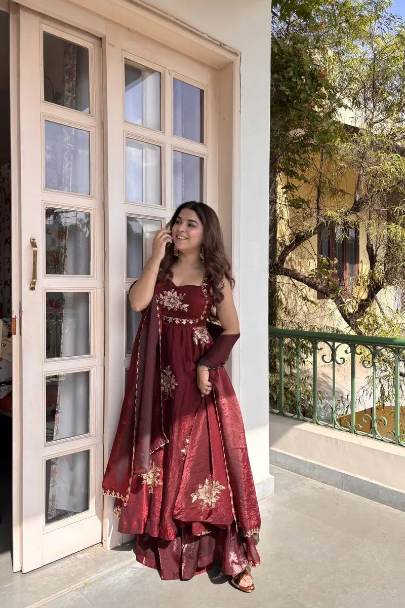 Women Fendi Satin Umbrella Gown with Sequence Embroidery Work Palazzo & Dupatta Set - Zimonza