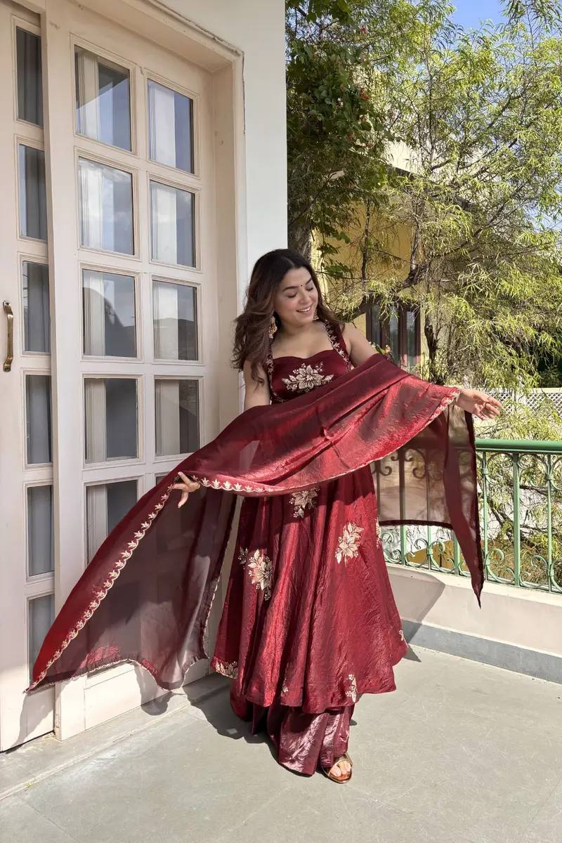 Women Fendi Satin Umbrella Gown with Sequence Embroidery Work Palazzo & Dupatta Set - Zimonza