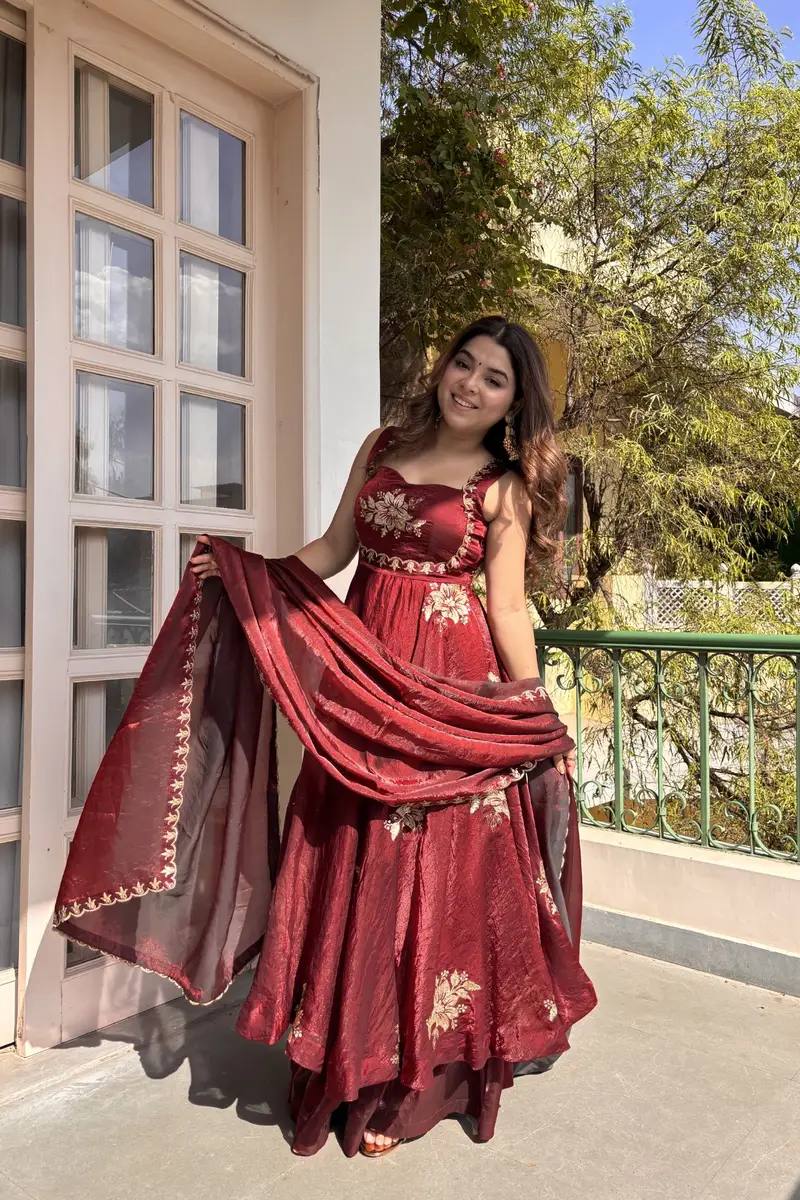 Women Fendi Satin Umbrella Gown with Sequence Embroidery Work Palazzo & Dupatta Set - Zimonza