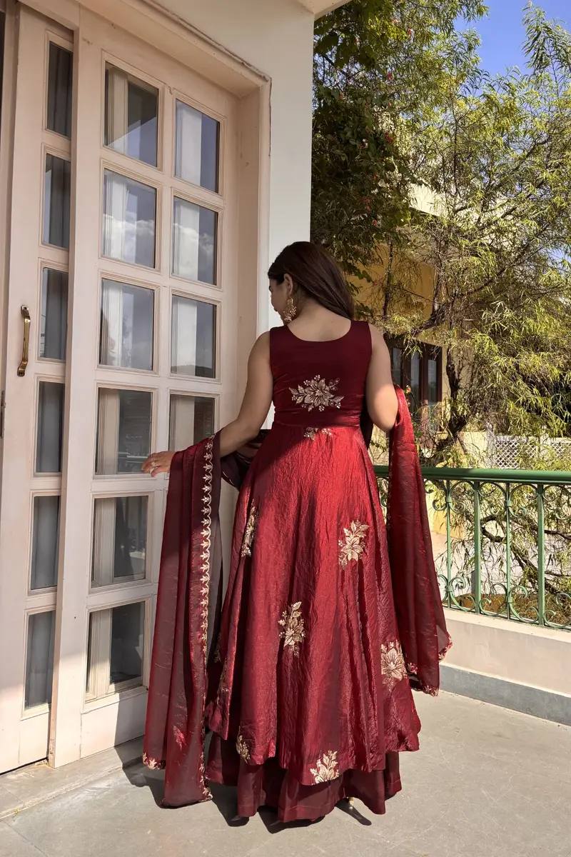 Women Fendi Satin Umbrella Gown with Sequence Embroidery Work Palazzo & Dupatta Set - Zimonza
