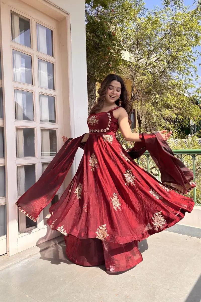 Women Fendi Satin Umbrella Gown with Sequence Embroidery Work Palazzo & Dupatta Set - Zimonza