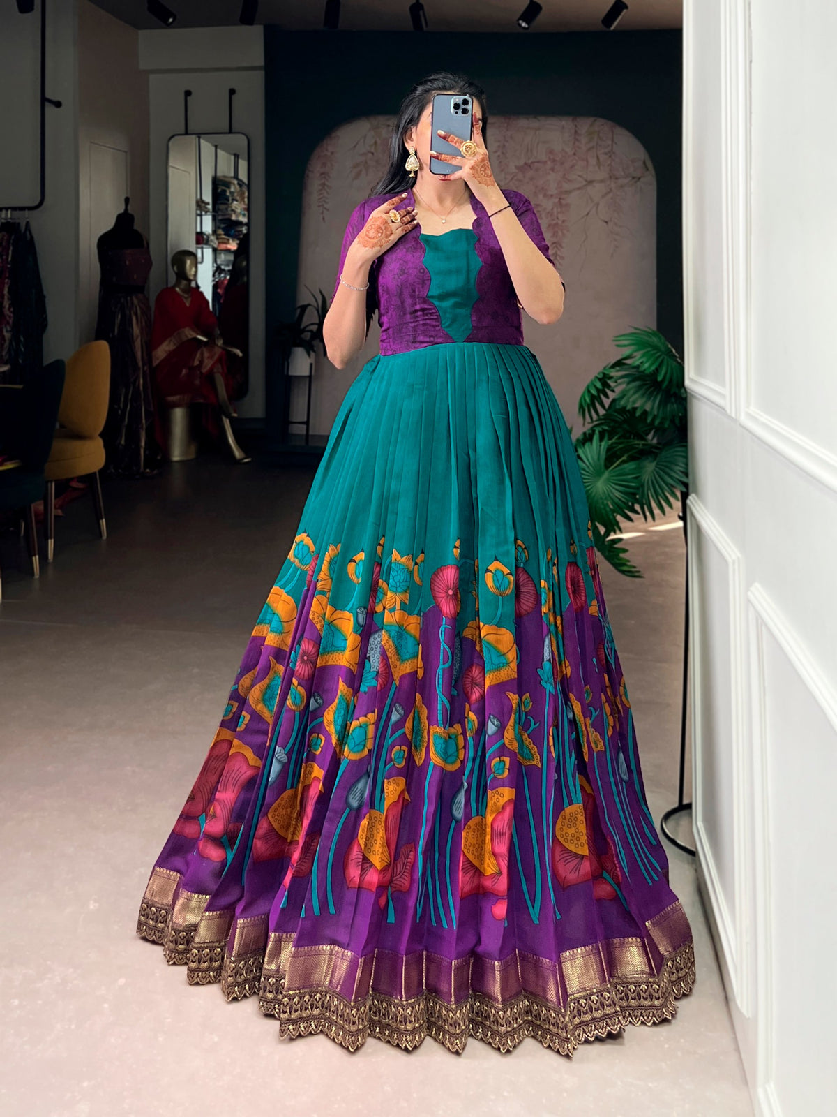 Silk Floral Printed Function Wear Gown for Women