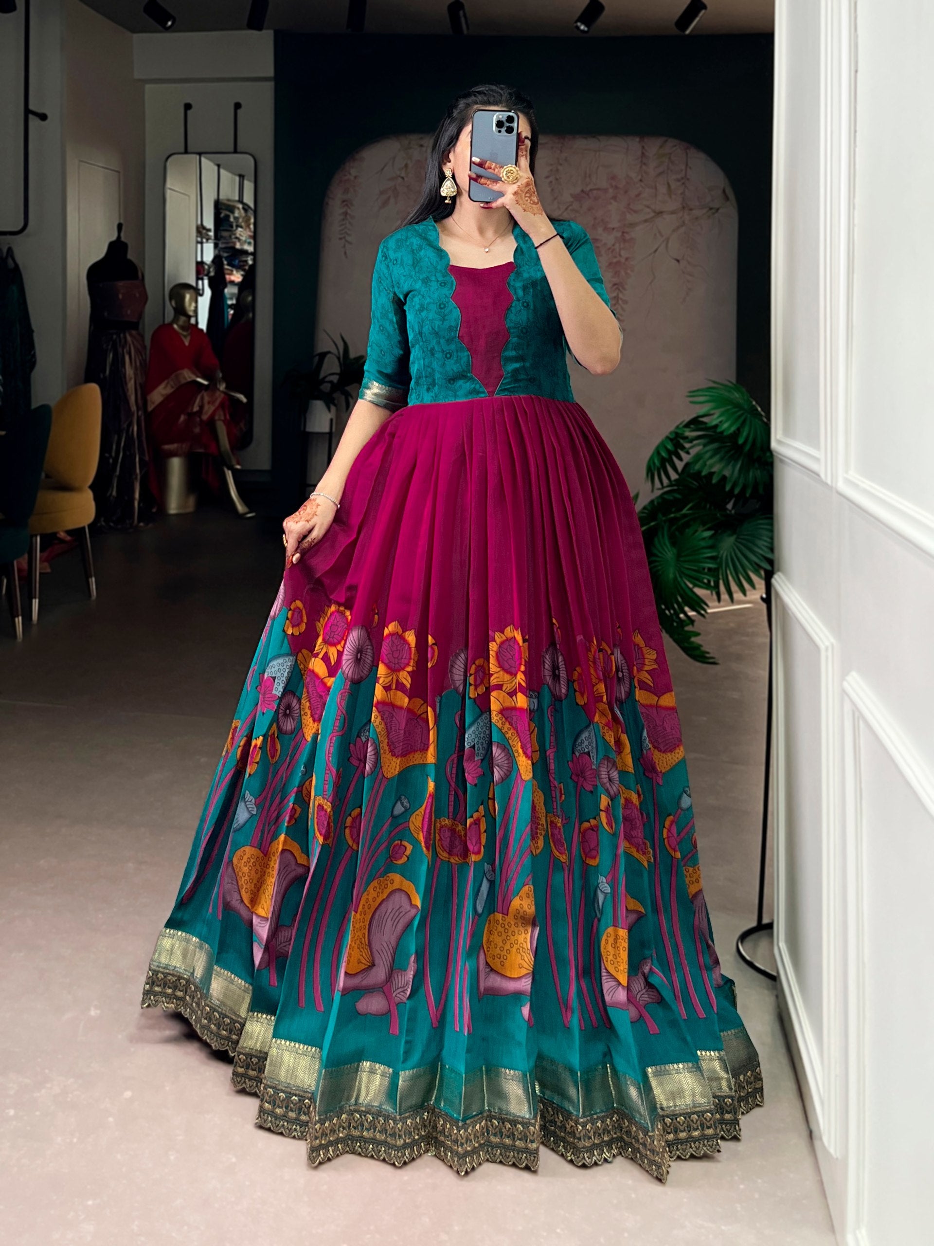 Silk Floral Printed Function Wear Gown for Women
