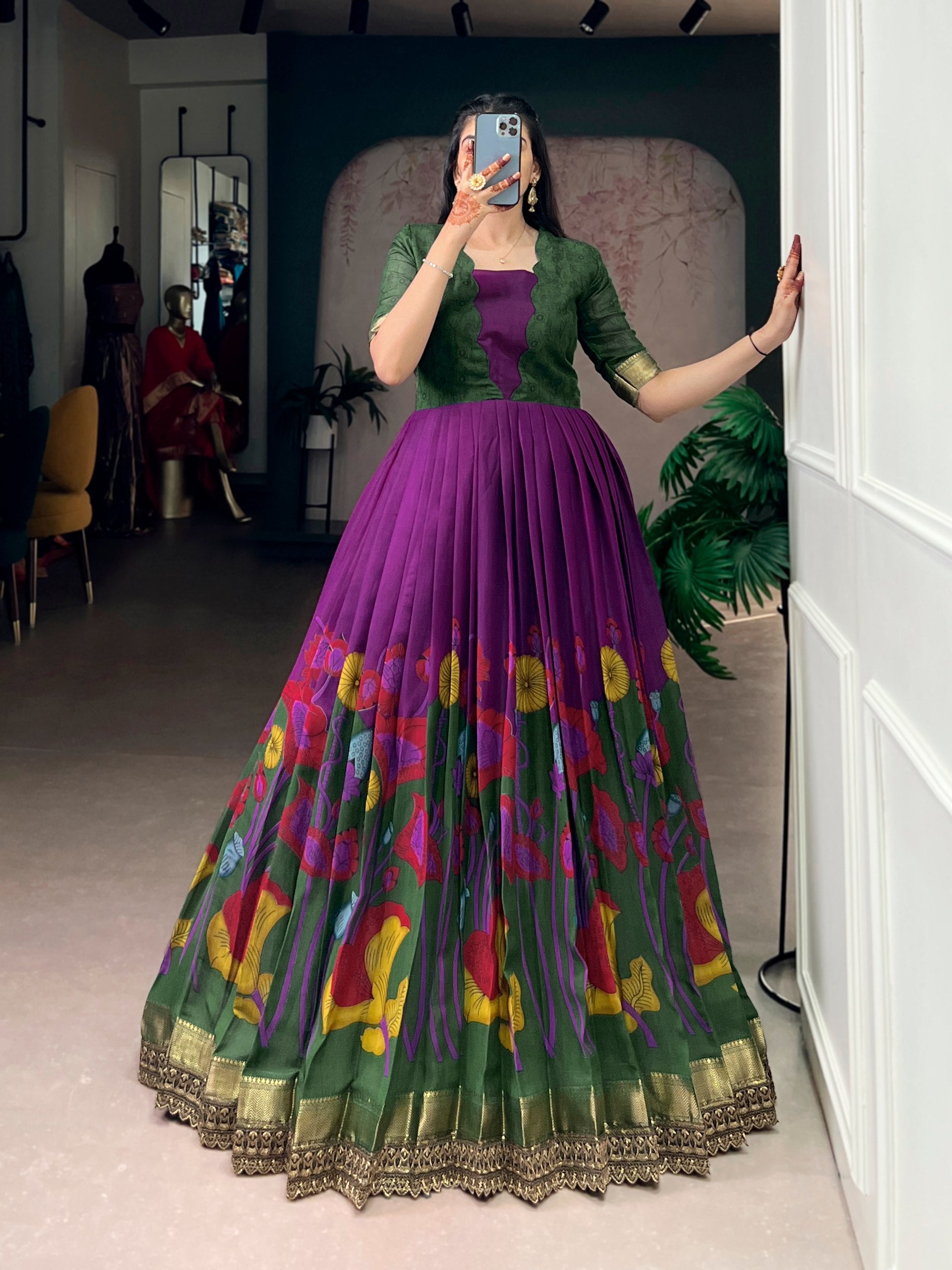 Silk Floral Printed Function Wear Gown for Women