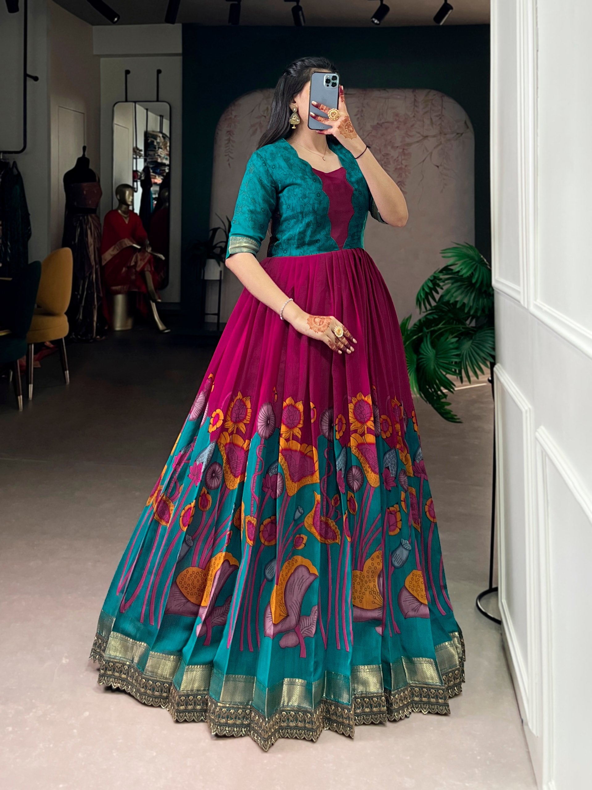 Silk Floral Printed Function Wear Gown for Women