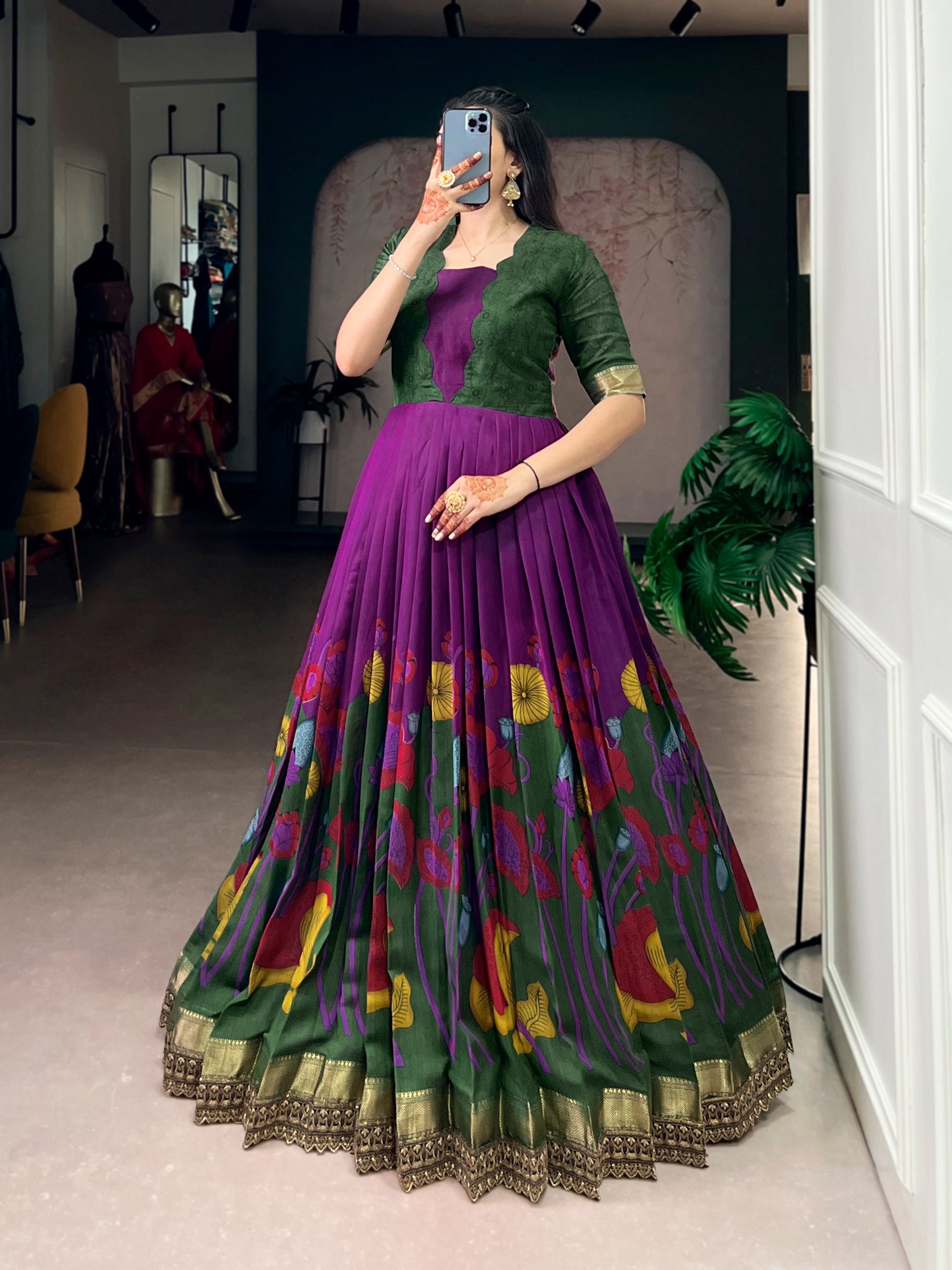 Silk Floral Printed Function Wear Gown for Women