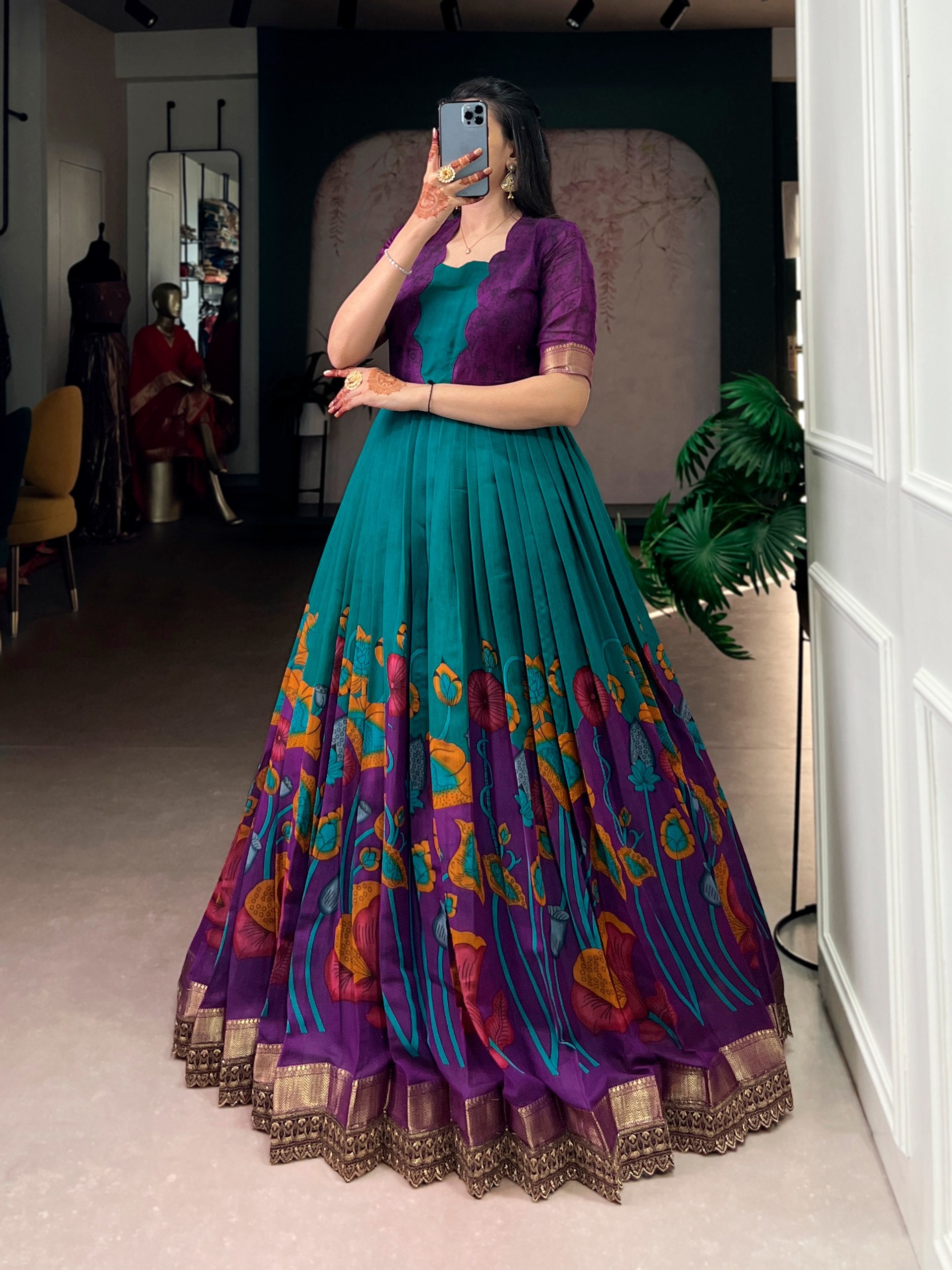 Silk Floral Printed Function Wear Gown for Women