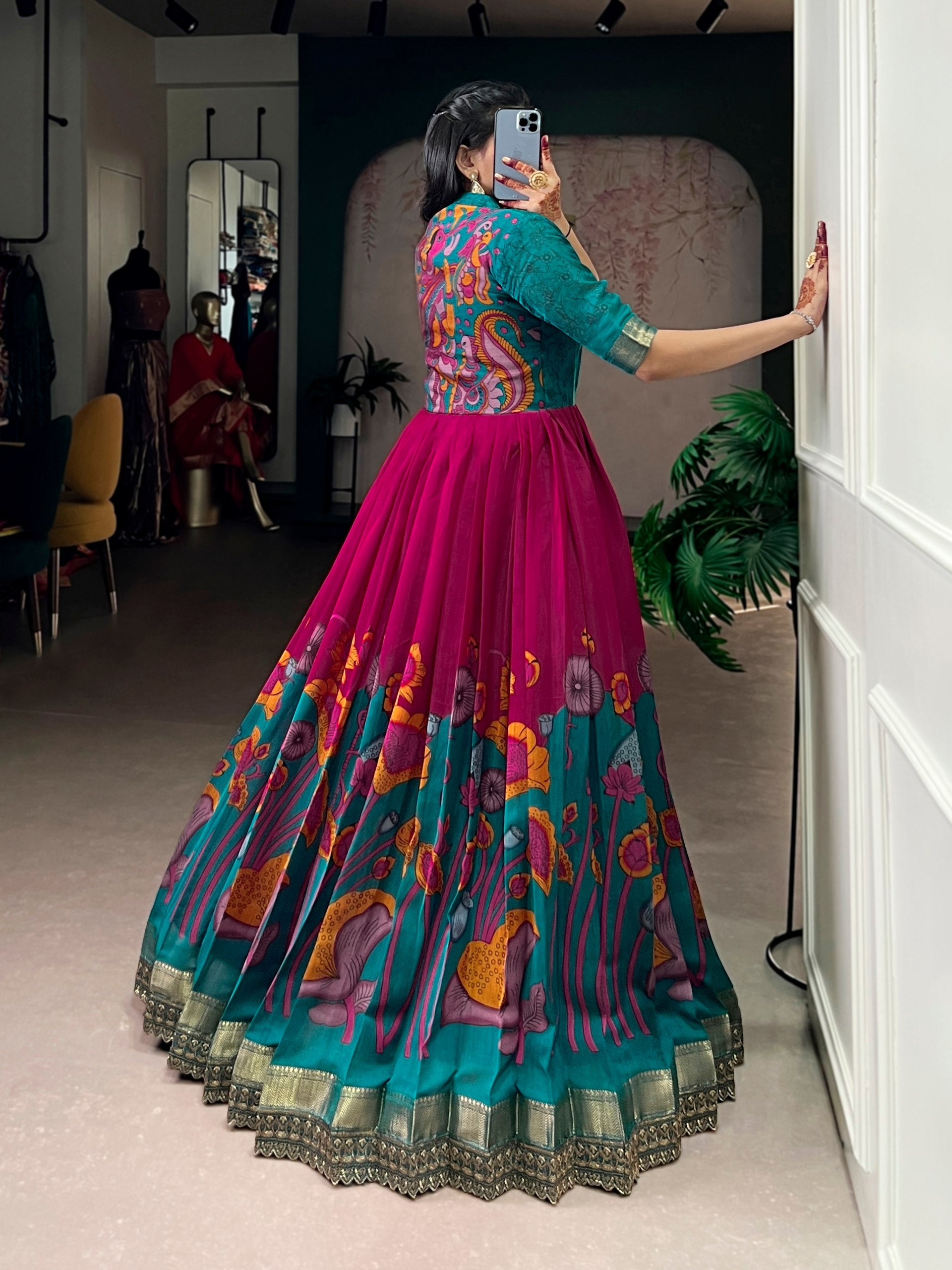 Silk Floral Printed Function Wear Gown for Women