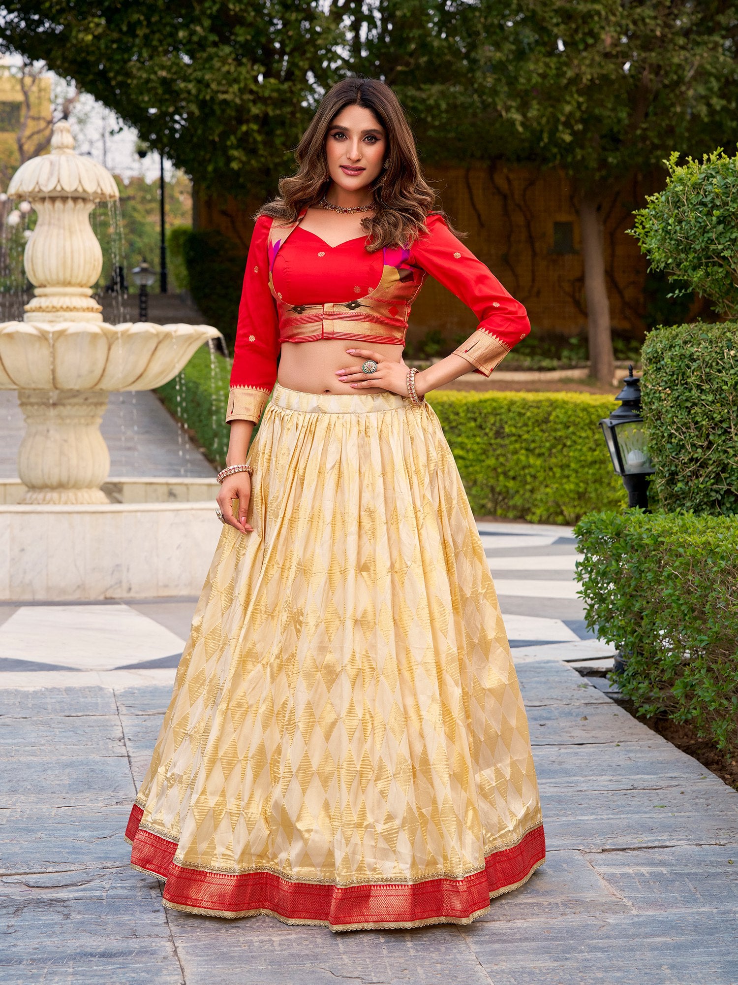 Cream Silk Zari Weaving Festival Lehenga Choli With Koti
