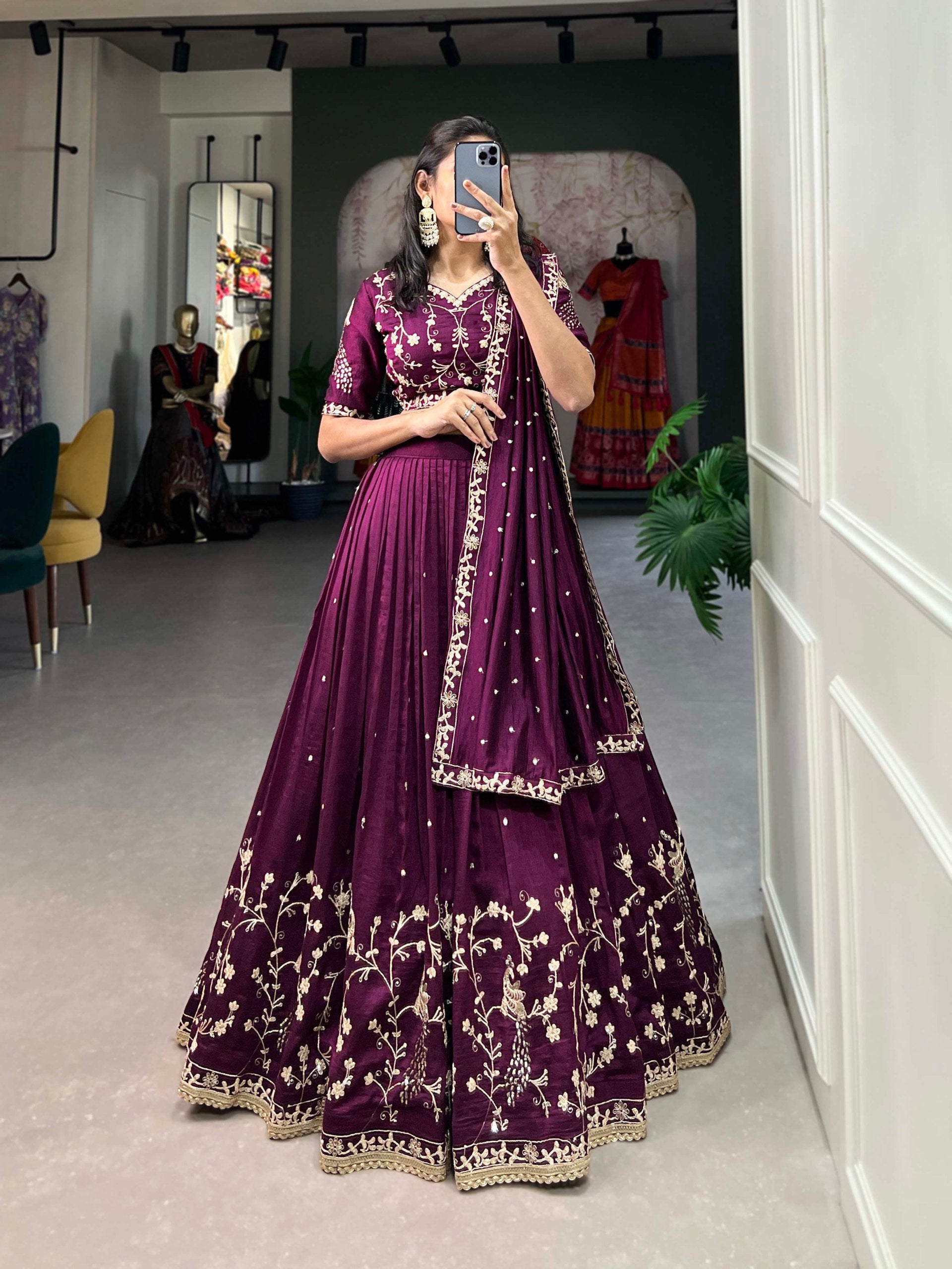 Wine Silk Sequins Embroidered Lehenga Choli With Dupatta