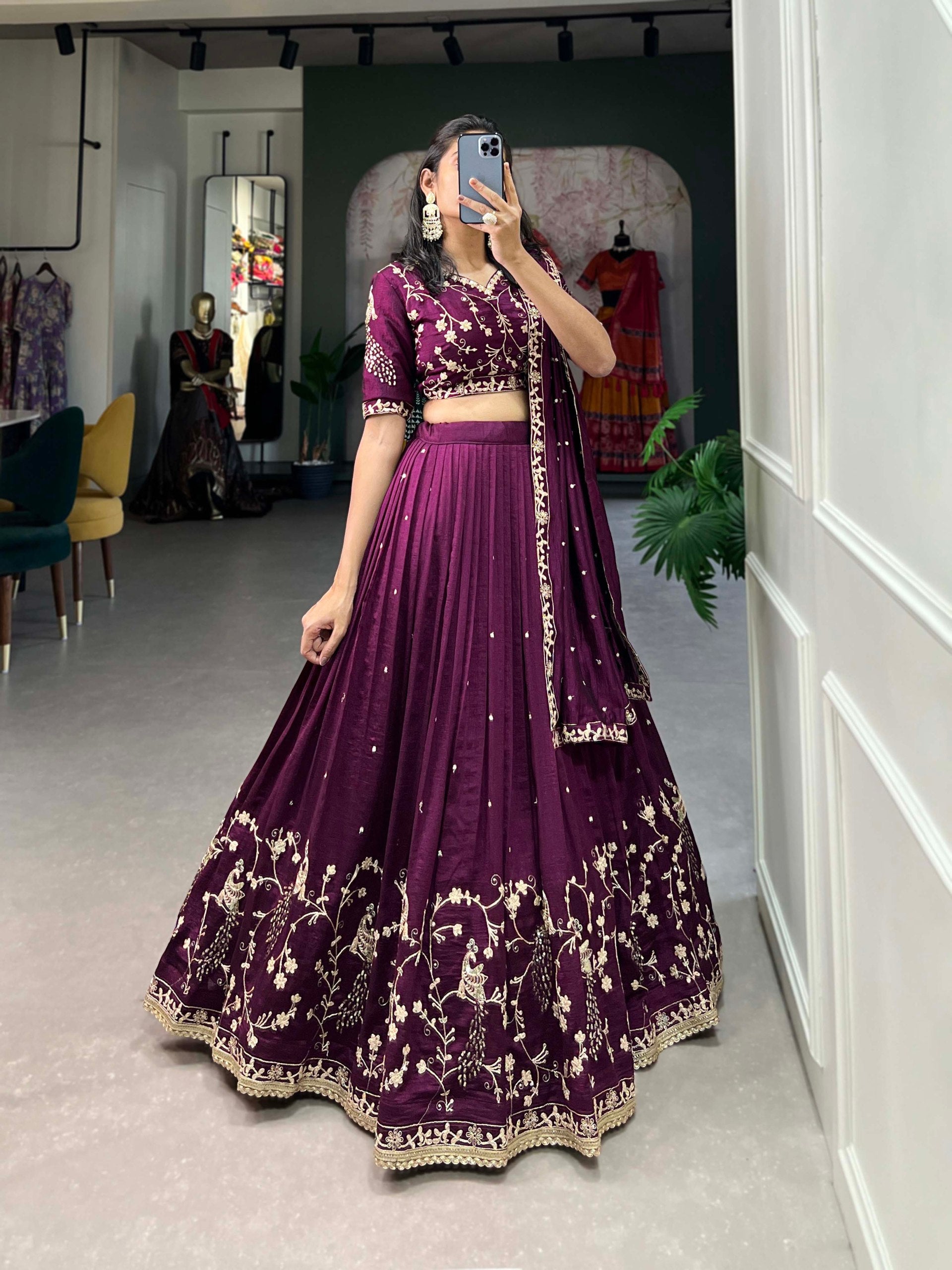 Wine Silk Sequins Embroidered Lehenga Choli With Dupatta