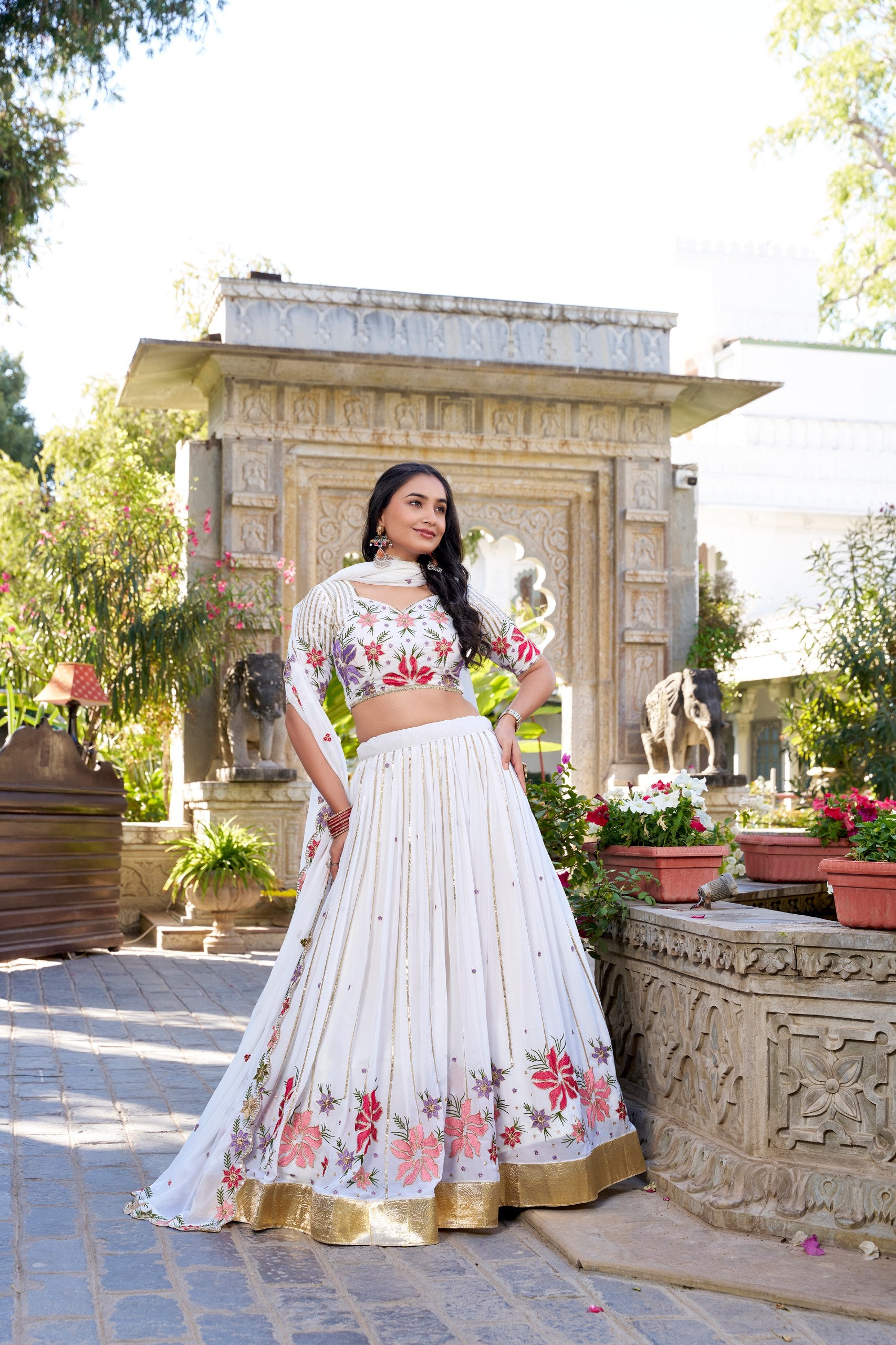 Off-White Georgette Floral Embroidered Sangeet Lehenga Choli
