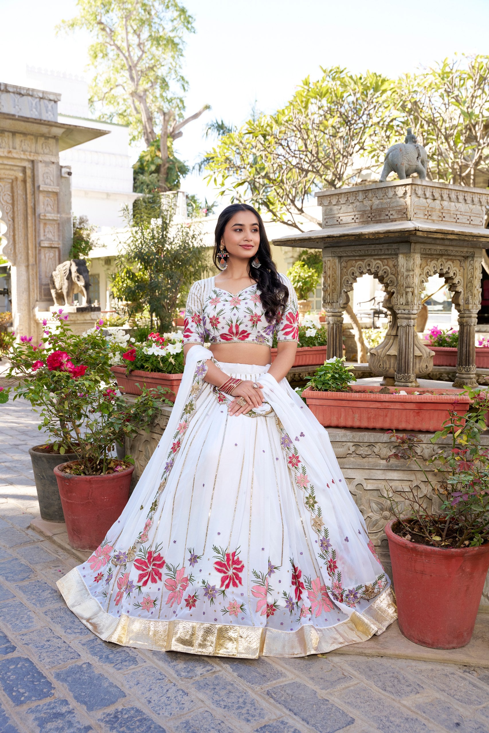 Off-White Georgette Floral Embroidered Sangeet Lehenga Choli