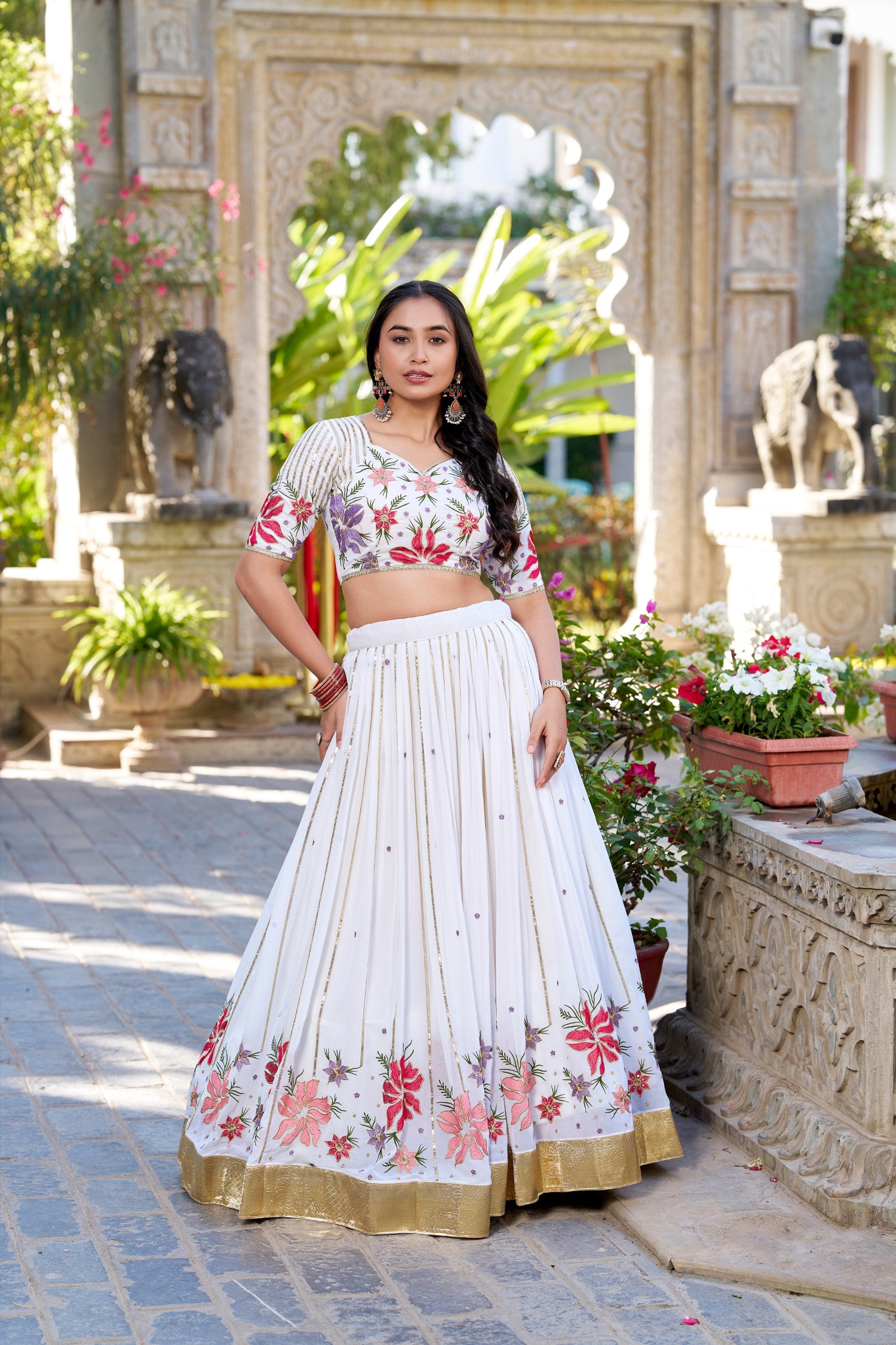 Off-White Georgette Floral Embroidered Sangeet Lehenga Choli