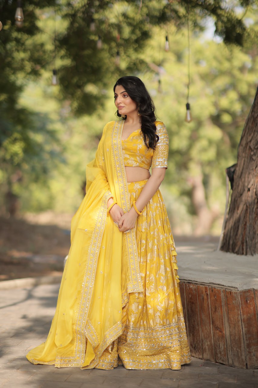 Jacquard Embroidered Sangeet Lehenga Choli for Women