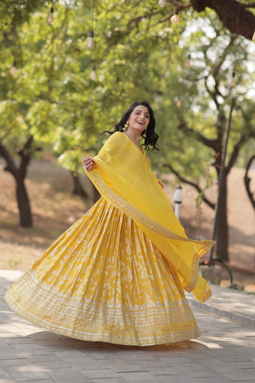 Jacquard Embroidered Sangeet Lehenga Choli for Women