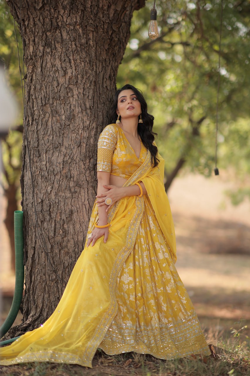 Jacquard Embroidered Sangeet Lehenga Choli for Women