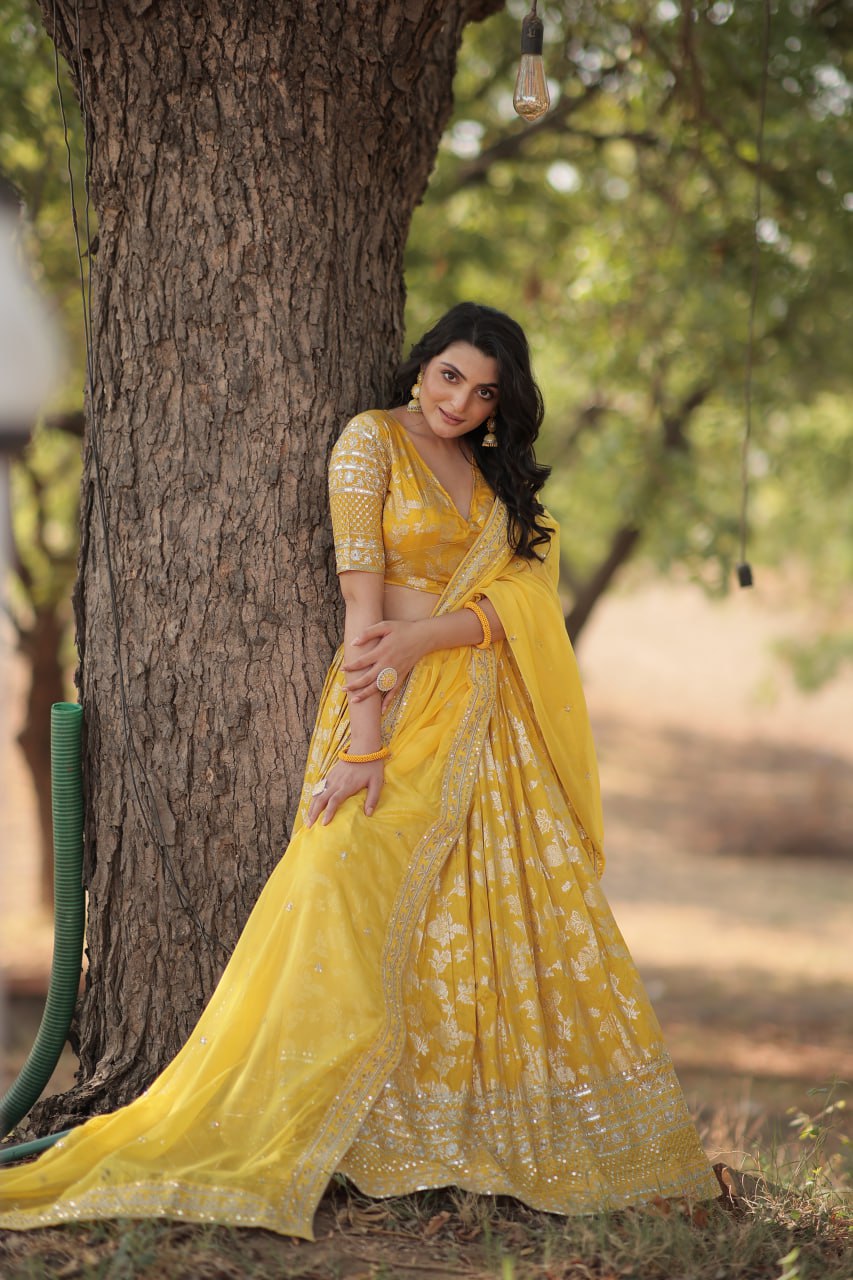 Jacquard Embroidered Sangeet Lehenga Choli for Women