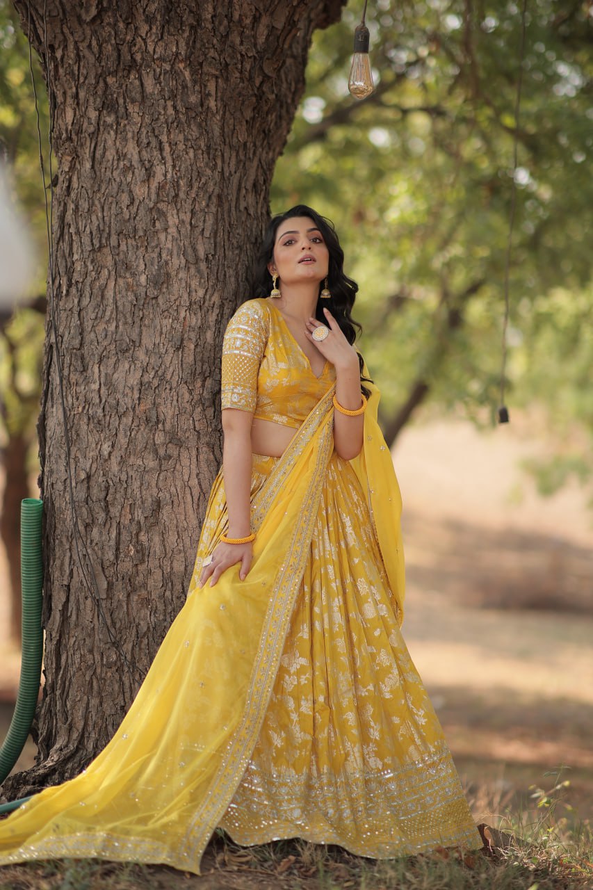 Jacquard Embroidered Sangeet Lehenga Choli for Women